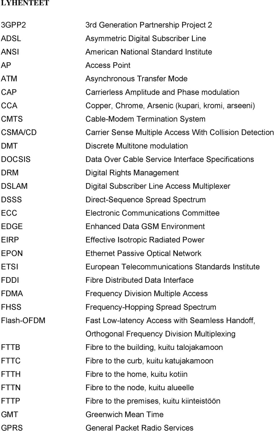 Multitone modulation DOCSIS Data Over Cable Service Interface Specifications DRM Digital Rights Management DSLAM Digital Subscriber Line Access Multiplexer DSSS Direct-Sequence Spread Spectrum ECC