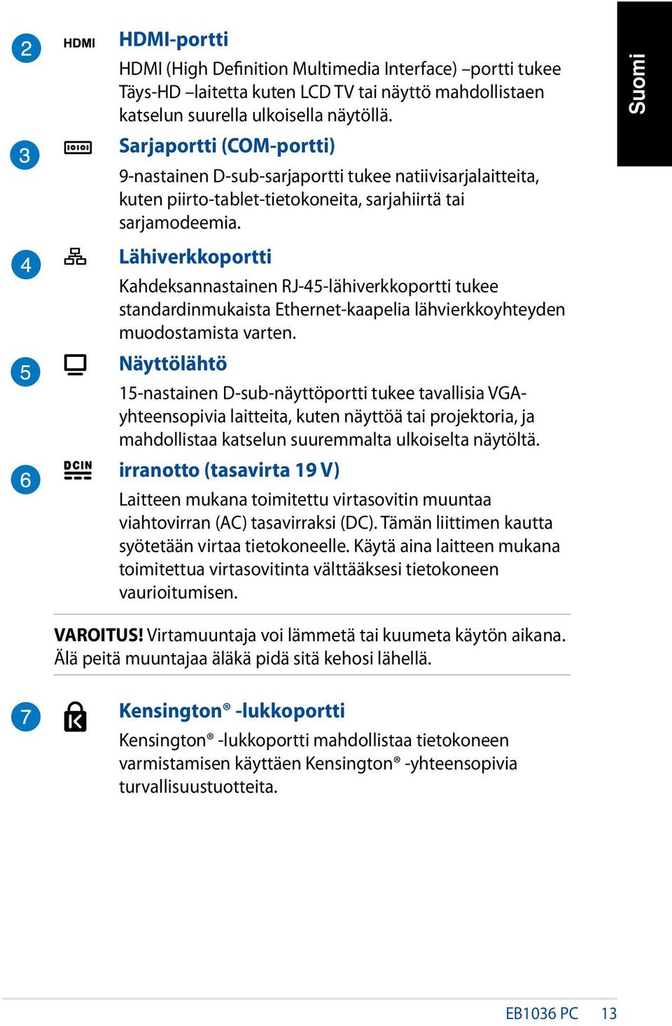 Lähiverkkoportti Kahdeksannastainen RJ-45-lähiverkkoportti tukee standardinmukaista Ethernet-kaapelia lähvierkkoyhteyden muodostamista varten.