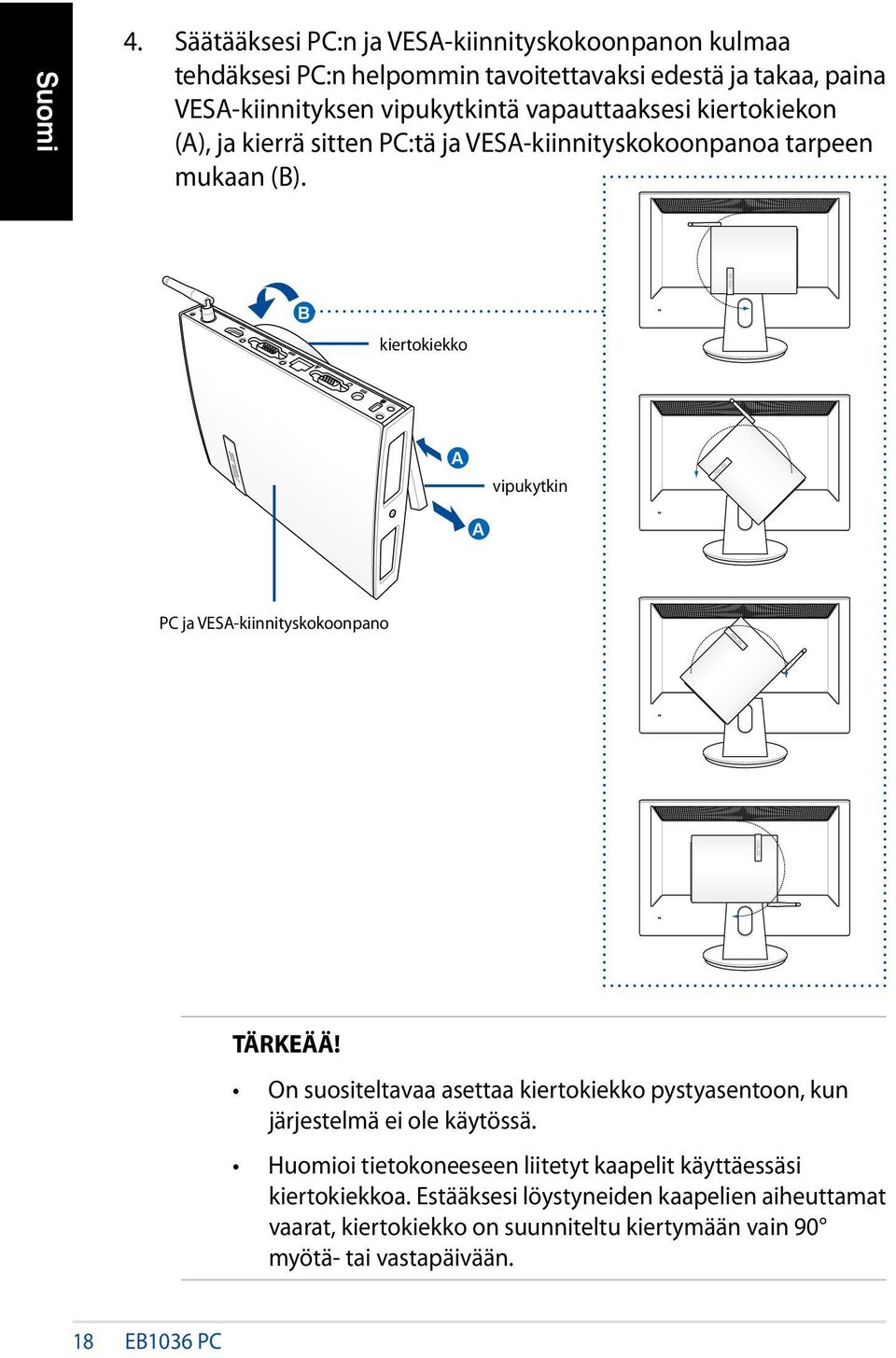 B kiertokiekko A vipukytkin A PC ja VESA-kiinnityskokoonpano TÄRKEÄÄ! On suositeltavaa asettaa kiertokiekko pystyasentoon, kun järjestelmä ei ole käytössä.