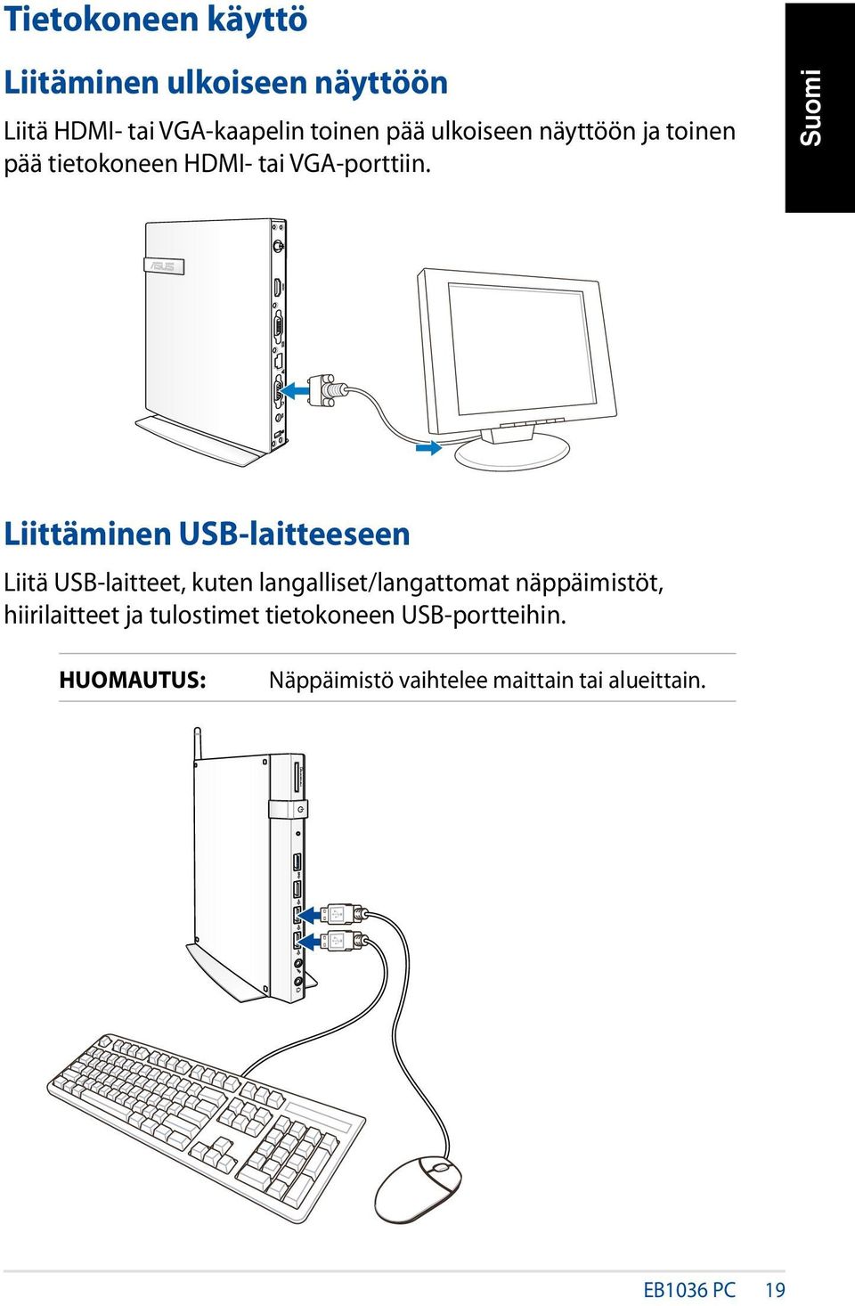 Liittäminen USB-laitteeseen Liitä USB-laitteet, kuten langalliset/langattomat näppäimistöt,