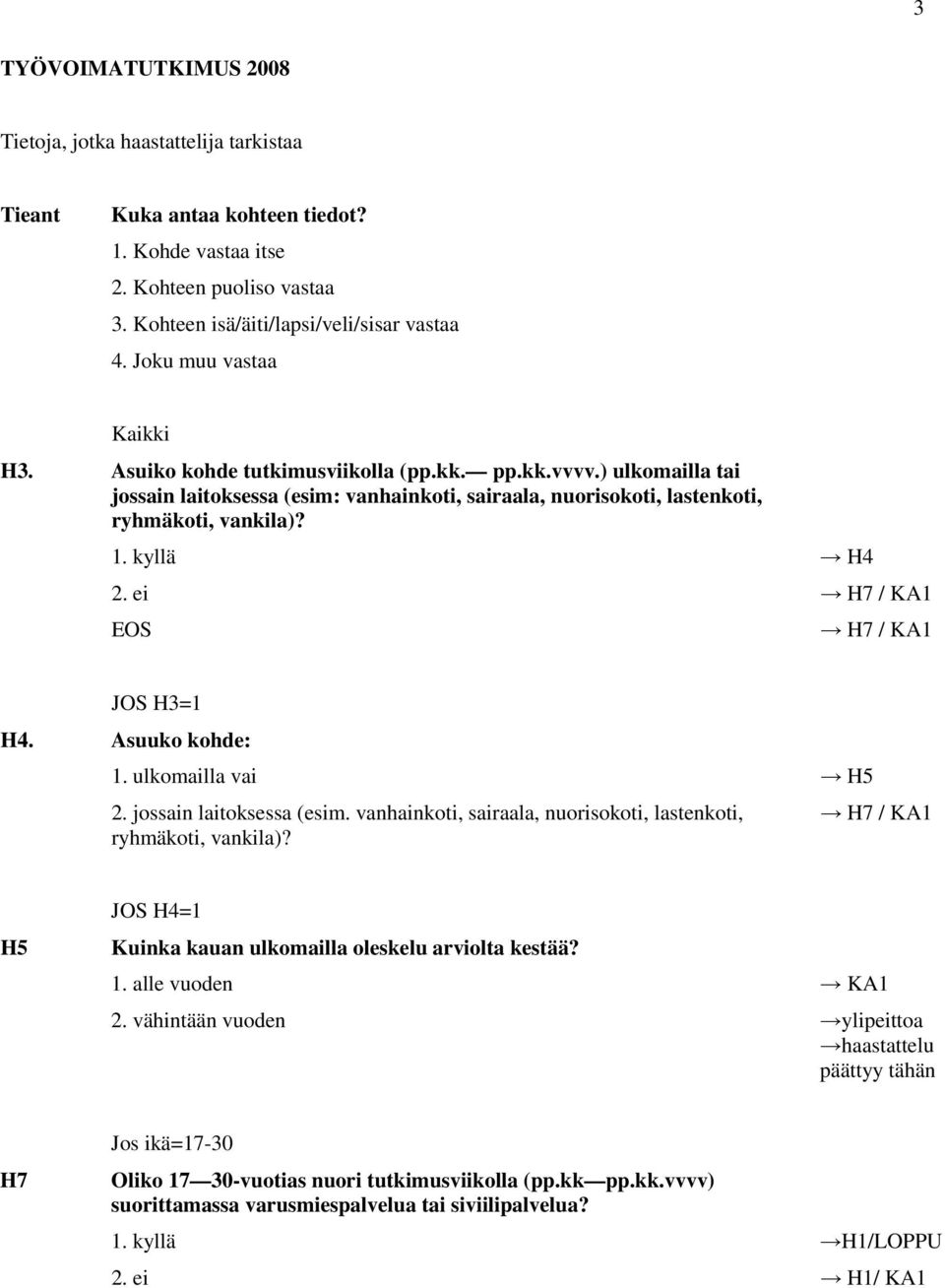 H4 H7 / KA1 H7 / KA1 JOS H3=1 H4. Asuuko kohde: 1. ulkomailla vai H5 2. jossain laitoksessa (esim. vanhainkoti, sairaala, nuorisokoti, lastenkoti, ryhmäkoti, vankila)?