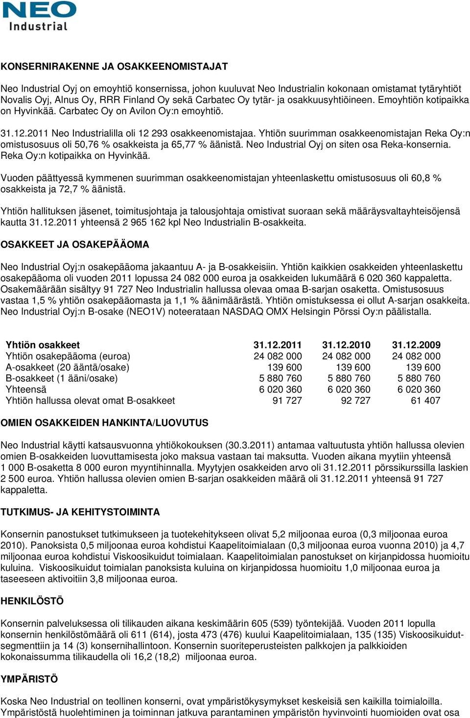 Yhtiön suurimman osakkeenomistajan Reka Oy:n omistusosuus oli 50,76 % osakkeista ja 65,77 % äänistä. Neo Industrial Oyj on siten osa Reka-konsernia. Reka Oy:n kotipaikka on Hyvinkää.