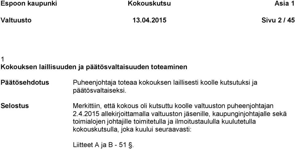 laillisesti koolle kutsutuksi ja päätösvaltaiseksi. Merkittiin, että kokous oli kutsuttu koolle valtuuston puheenjohtajan 2.