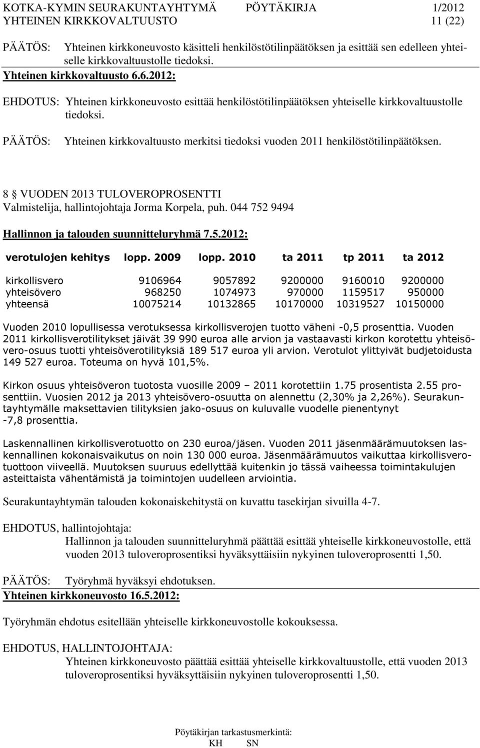 8 VUODEN 2013 TULOVEROPROSENTTI Valmistelija, hallintojohtaja Jorma Korpela, puh. 044 752 9494 Hallinnon ja talouden suunnitteluryhmä 7.5.2012: verotulojen kehitys lopp. 2009 lopp.