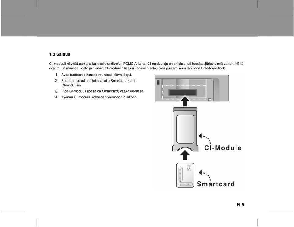 CI-moduulin lisäksi kanavien salauksen purkamiseen tarvitaan Smartcard-kortti. 1.