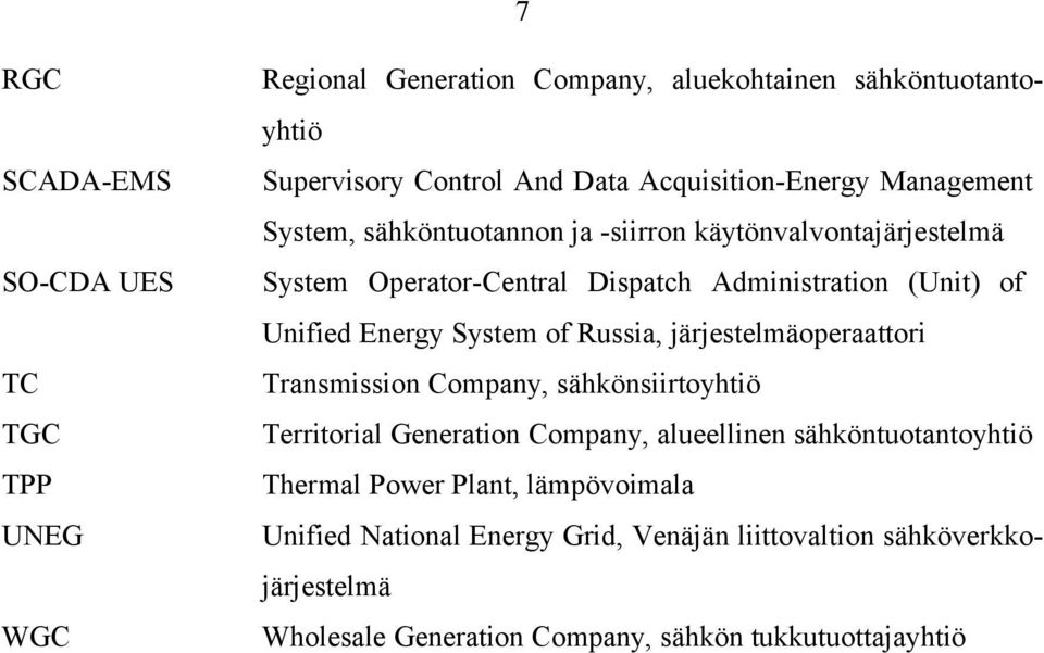 Unified Energy System of Russia, järjestelmäoperaattori Transmission Company, sähkönsiirtoyhtiö Territorial Generation Company, alueellinen