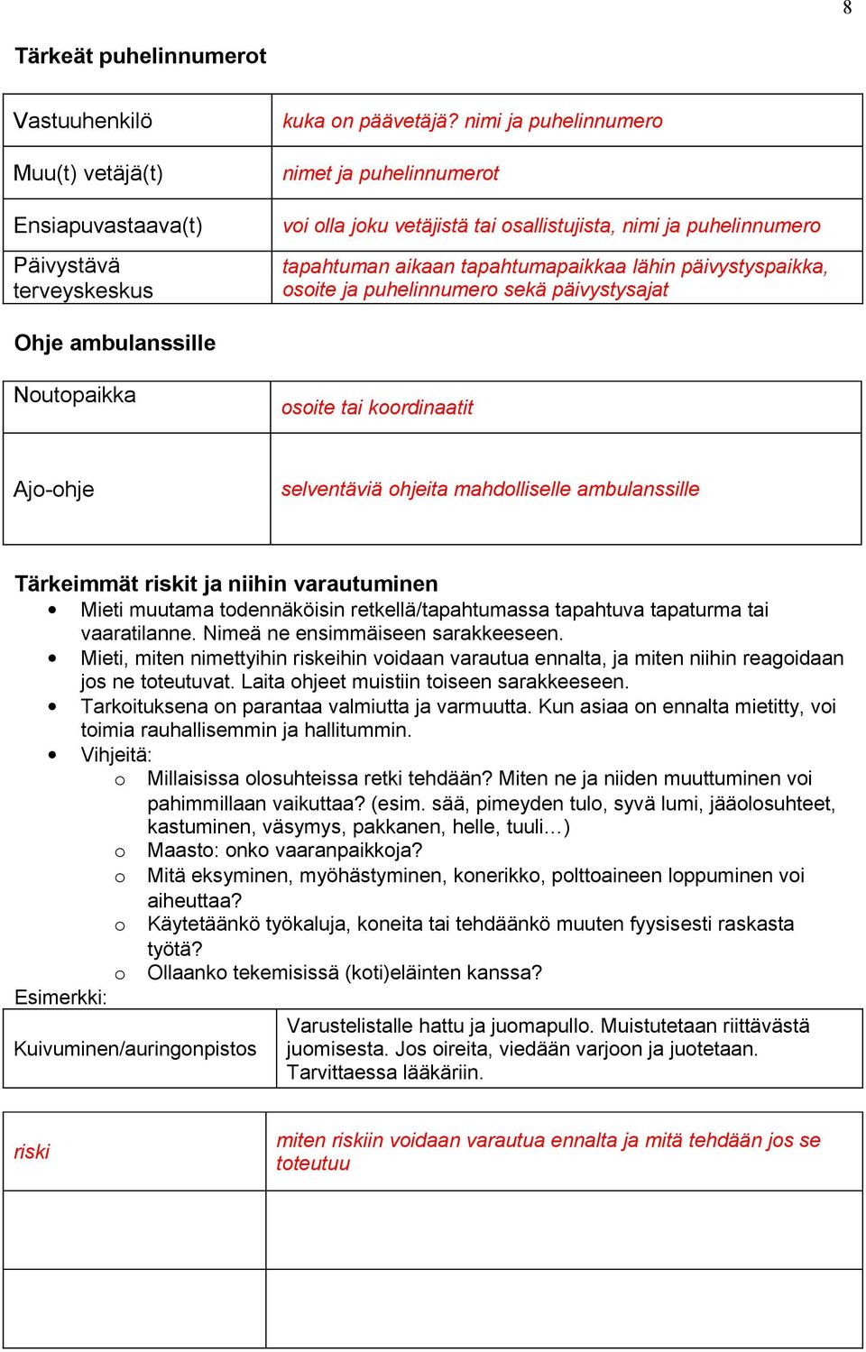 päivystysajat Ohje ambulanssille Noutopaikka osoite tai koordinaatit Ajo-ohje selventäviä ohjeita mahdolliselle ambulanssille Tärkeimmät riskit ja niihin varautuminen Mieti muutama todennäköisin