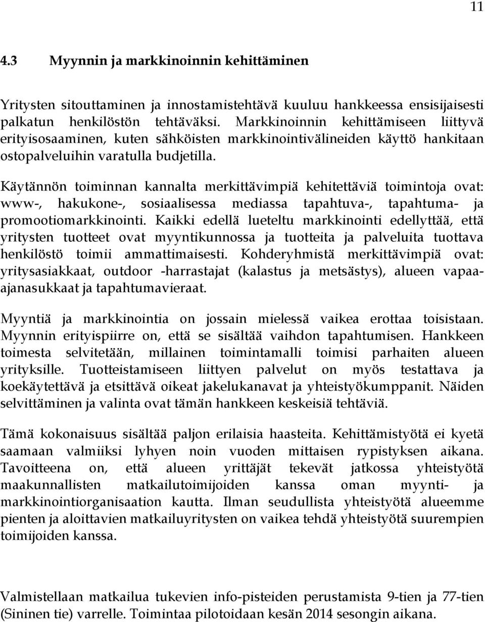 Käytännön toiminnan kannalta merkittävimpiä kehitettäviä toimintoja ovat: www-, hakukone-, sosiaalisessa mediassa tapahtuva-, tapahtuma- ja promootiomarkkinointi.