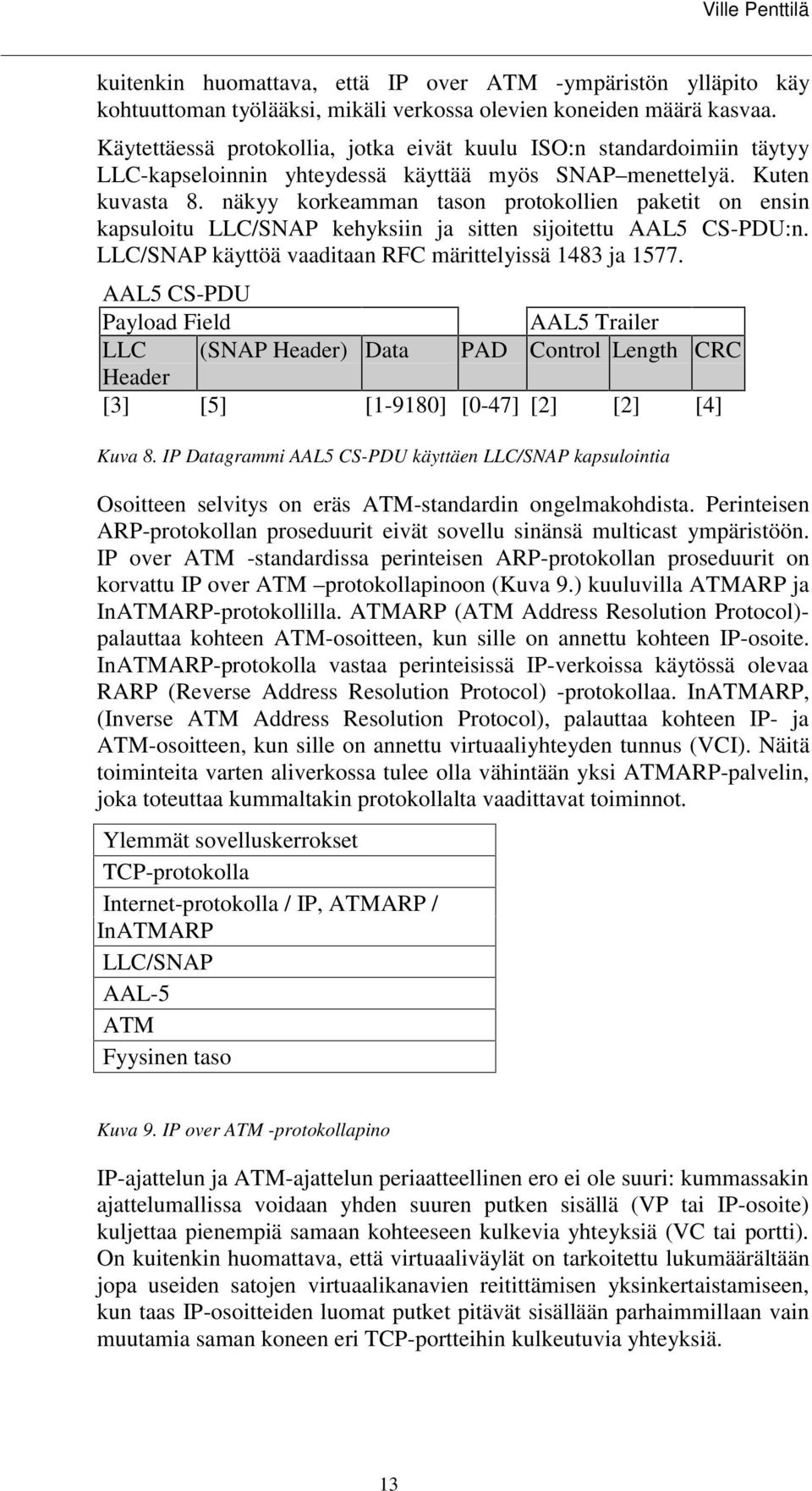 näkyy korkeamman tason protokollien paketit on ensin kapsuloitu LLC/SNAP kehyksiin ja sitten sijoitettu AAL5 CS-PDU:n. LLC/SNAP käyttöä vaaditaan RFC märittelyissä 1483 ja 1577.