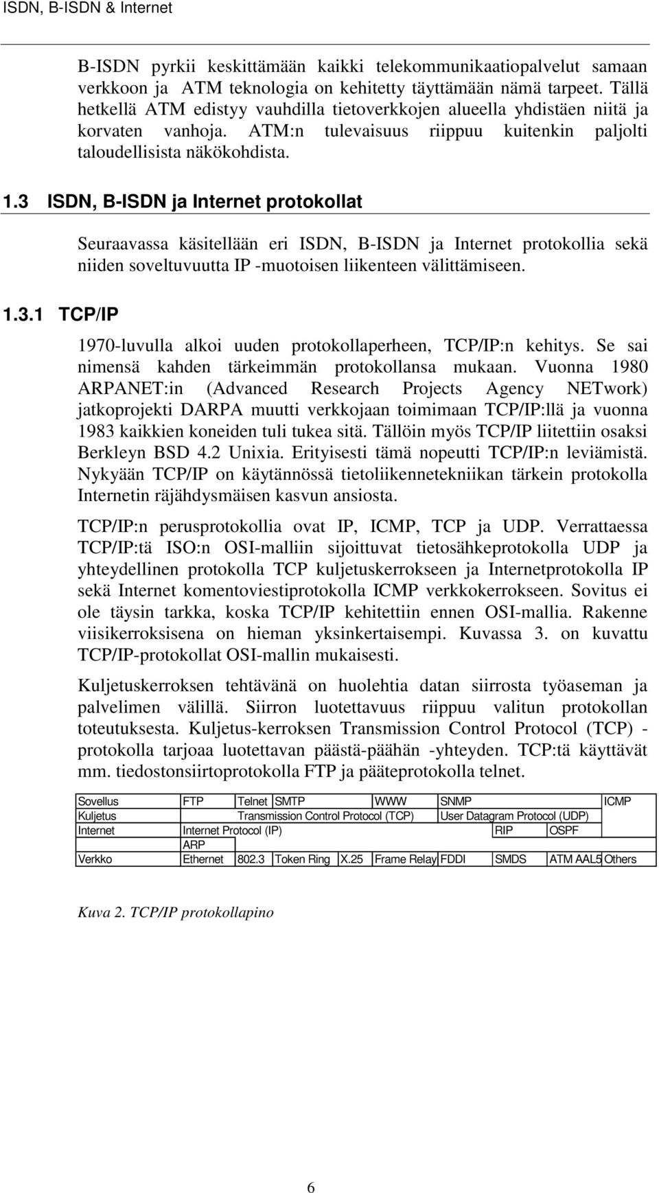 3 ISDN, B-ISDN ja Internet protokollat Seuraavassa käsitellään eri ISDN, B-ISDN ja Internet protokollia sekä niiden soveltuvuutta IP -muotoisen liikenteen välittämiseen. 1.3.1 TCP/IP 1970-luvulla alkoi uuden protokollaperheen, TCP/IP:n kehitys.