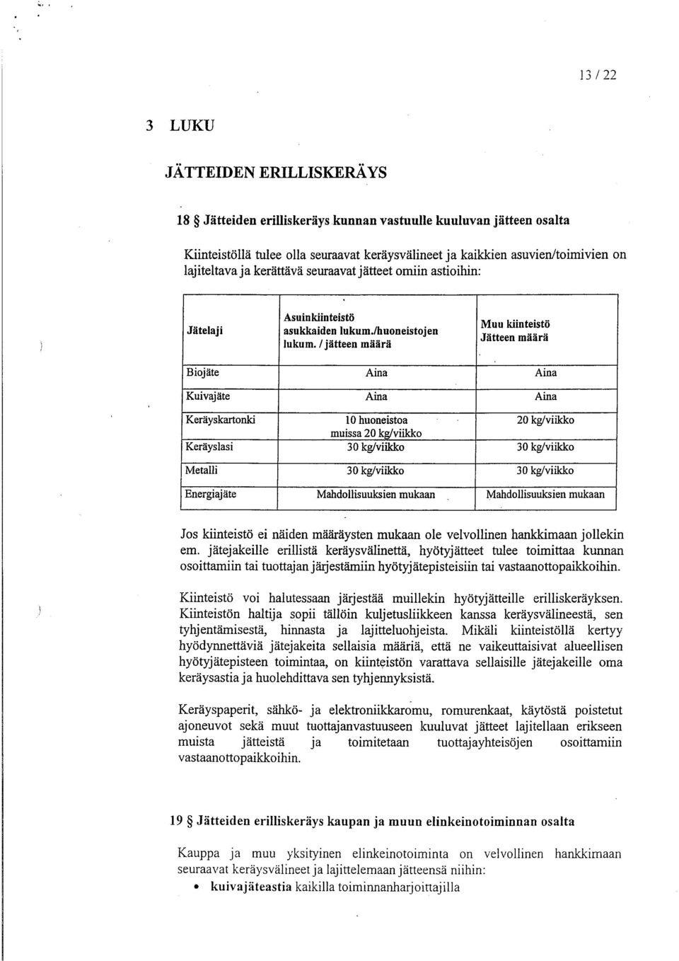 /jätteen määrä Muu kiinteistö Jätteen määrä Biojäte Aina Aina Kuivajäte Aina Aina Keräyskartonki 10 huoneistoa 20 kg/viilcko muissa 20 kg/viikko Keräyslasi 30 kg/viikko 30 kg/viikko Metalli 30