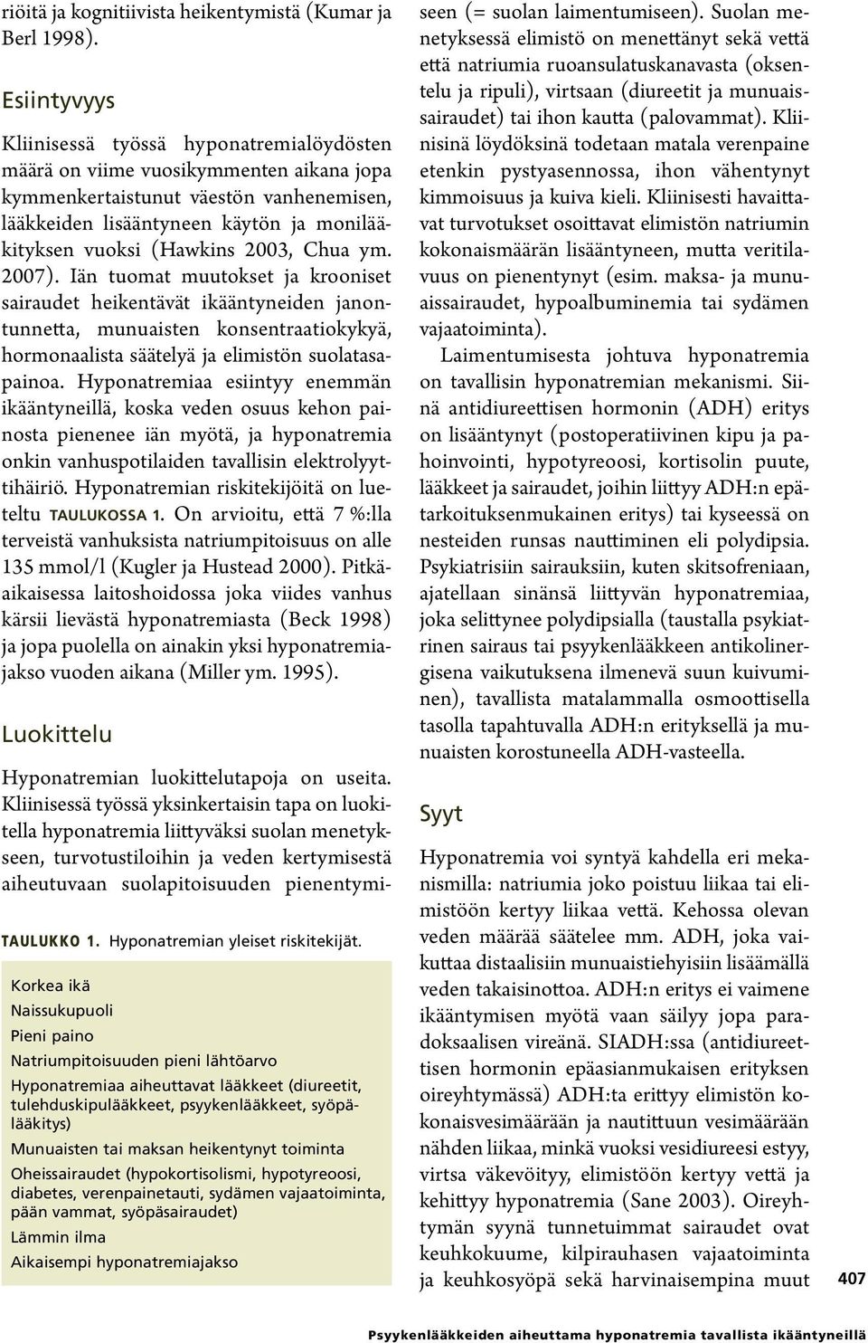 (Hawkins 2003, Chua ym. 2007). Iän tuomat muutokset ja krooniset sairaudet heikentävät ikääntyneiden janontunnetta, munuaisten konsentraatiokykyä, hormonaalista säätelyä ja elimistön suolatasapainoa.