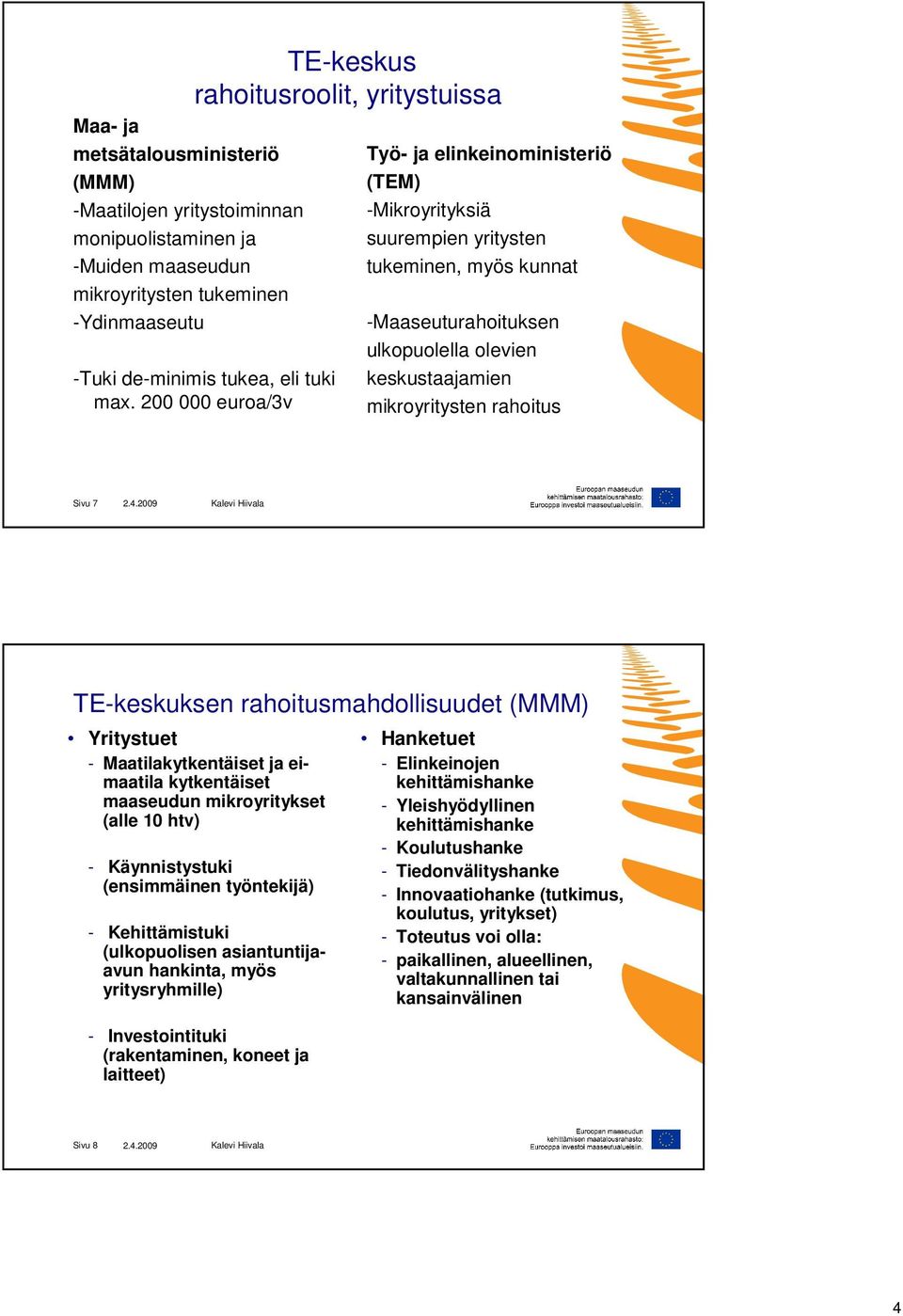 200 000 euroa/3v Työ- ja elinkeinoministeriö (TEM) -Mikroyrityksiä suurempien yritysten tukeminen, myös kunnat -Maaseuturahoituksen ulkopuolella olevien keskustaajamien mikroyritysten rahoitus Sivu 7