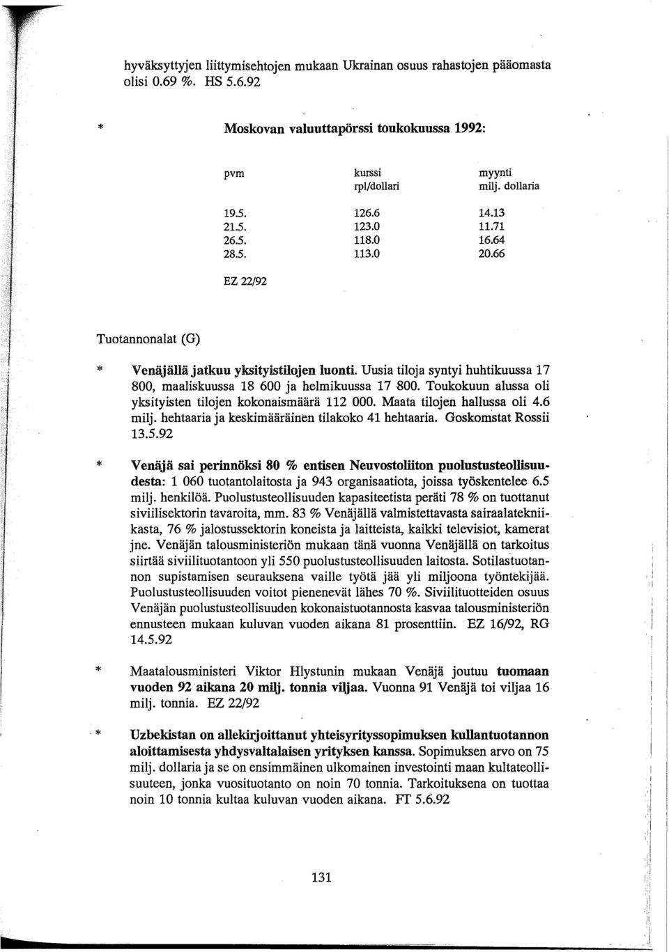 Uusia tiloja syntyi huhtikuussa 17 800, maaliskuussa 18 600 ja helmikuussa 17-800. Toukokuun alussa oli yksityisten tilojen kokonaismäärä 112 000. Maata tilojen hallussa oli 4.6 milj.