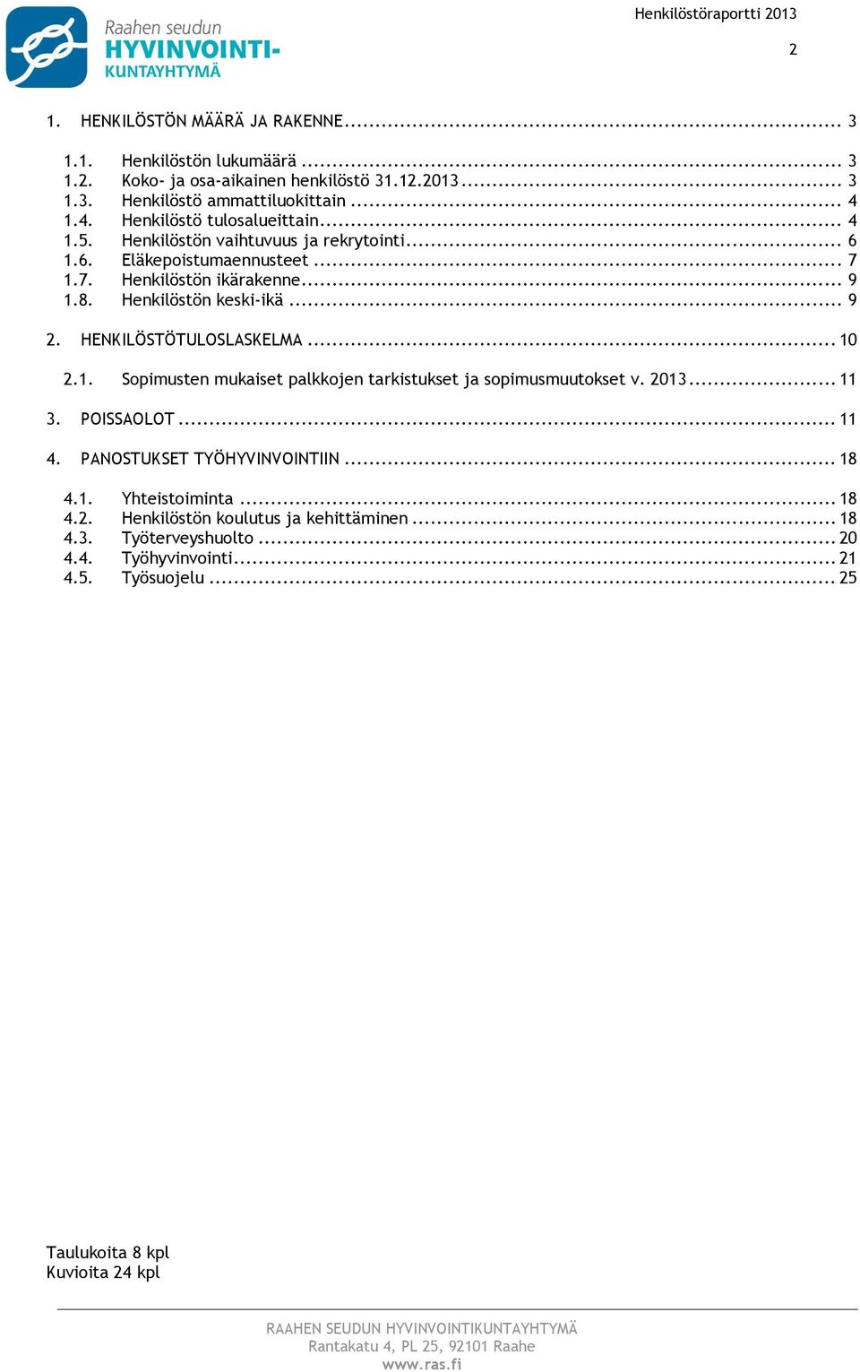 Henkilöstön keski-ikä... 9 2. HENKILÖSTÖTULOSLASKELMA... 10 2.1. Spimusten mukaiset palkkjen tarkistukset ja spimusmuutkset v. 2013... 11 3. POISSAOLOT... 11 4.