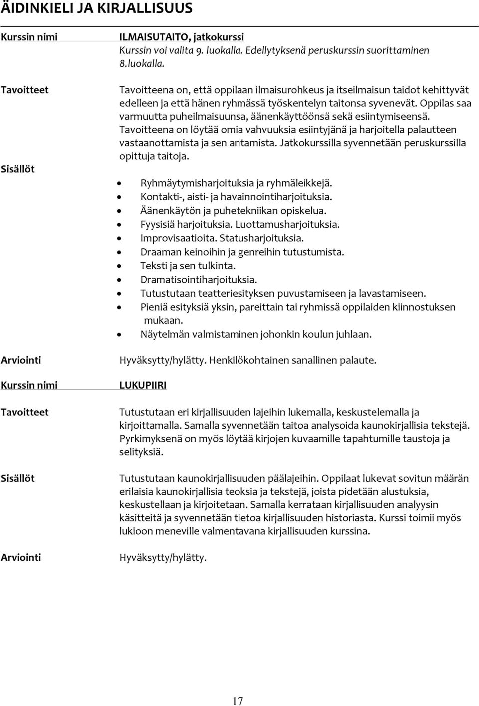 Oppilas saa varmuutta puheilmaisuunsa, äänenkäyttöönsä sekä esiintymiseensä. Tavoitteena on löytää omia vahvuuksia esiintyjänä ja harjoitella palautteen vastaanottamista ja sen antamista.