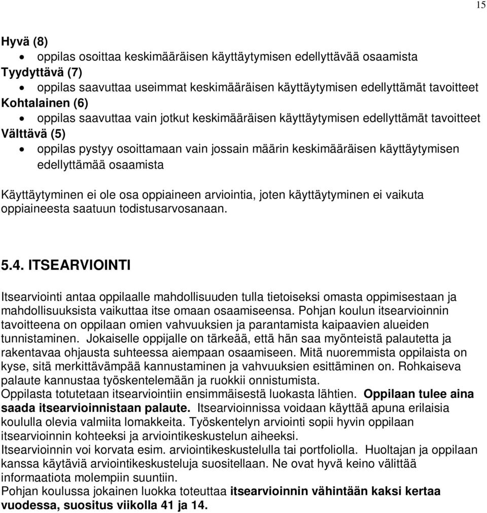 Käyttäytyminen ei ole osa oppiaineen arviointia, joten käyttäytyminen ei vaikuta oppiaineesta saatuun todistusarvosanaan. 5.4.