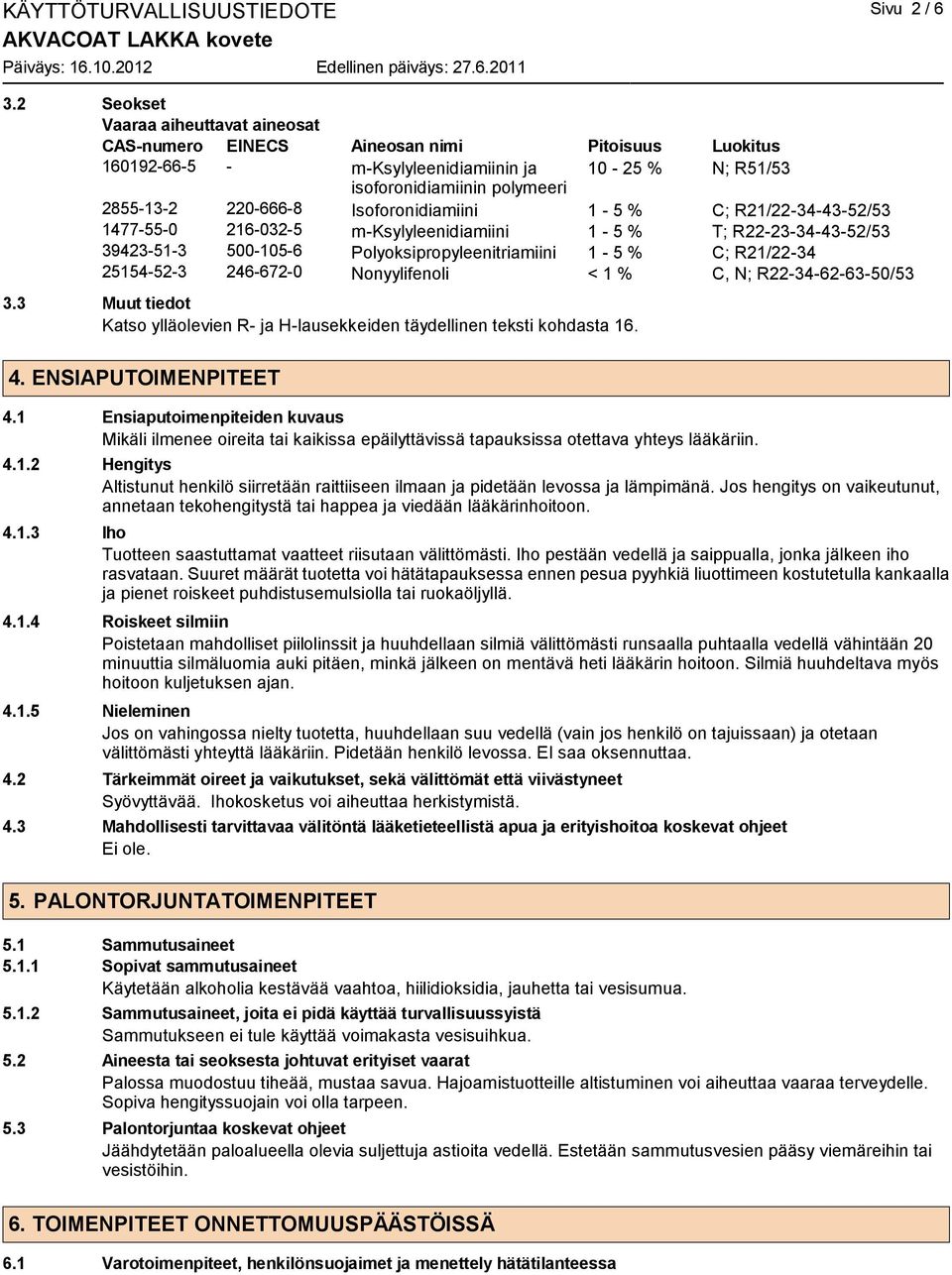 Isoforonidiamiini 1-5 % C; R21/22-34-43-52/53 1477-55-0 216-032-5 m-ksylyleenidiamiini 1-5 % T; R22-23-34-43-52/53 39423-51-3 500-105-6 Polyoksipropyleenitriamiini 1-5 % C; R21/22-34 25154-52-3