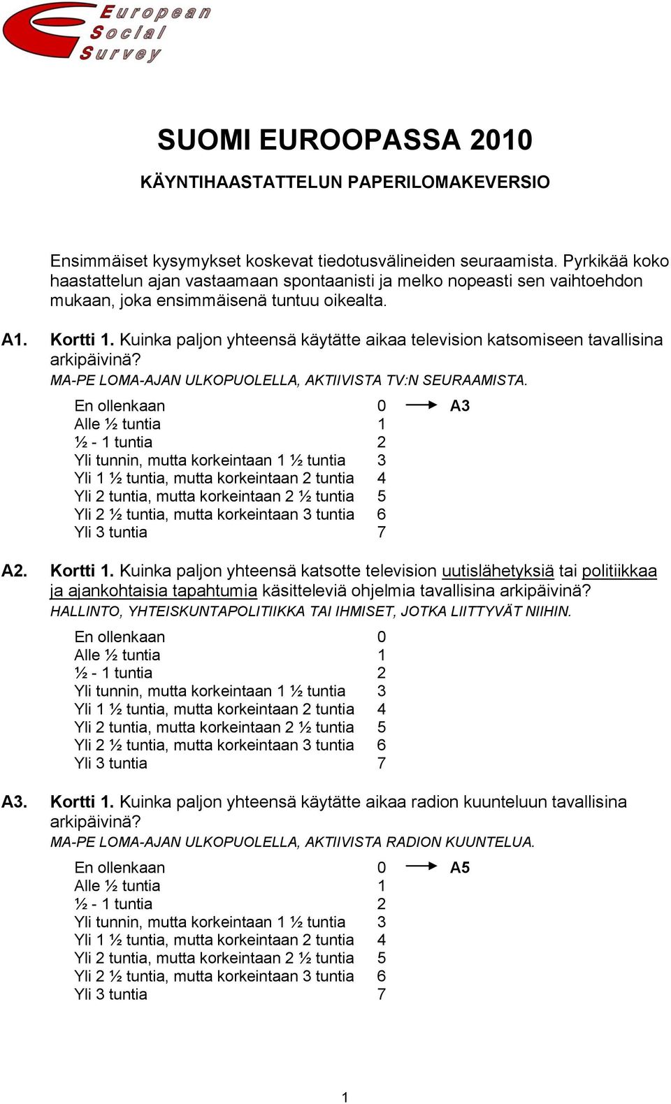 Kuinka paljon yhteensä käytätte aikaa television katsomiseen tavallisina arkipäivinä? MA-PE LOMA-AJAN ULKOPUOLELLA, AKTIIVISTA TV:N SEURAAMISTA.