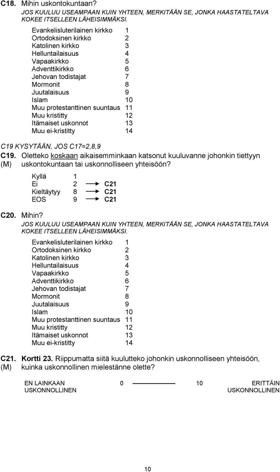 suuntaus 11 Muu kristitty 12 Itämaiset uskonnot 13 Muu ei-kristitty 14 C19 KYSYTÄÄN, JOS C17=2,8,9 C19.