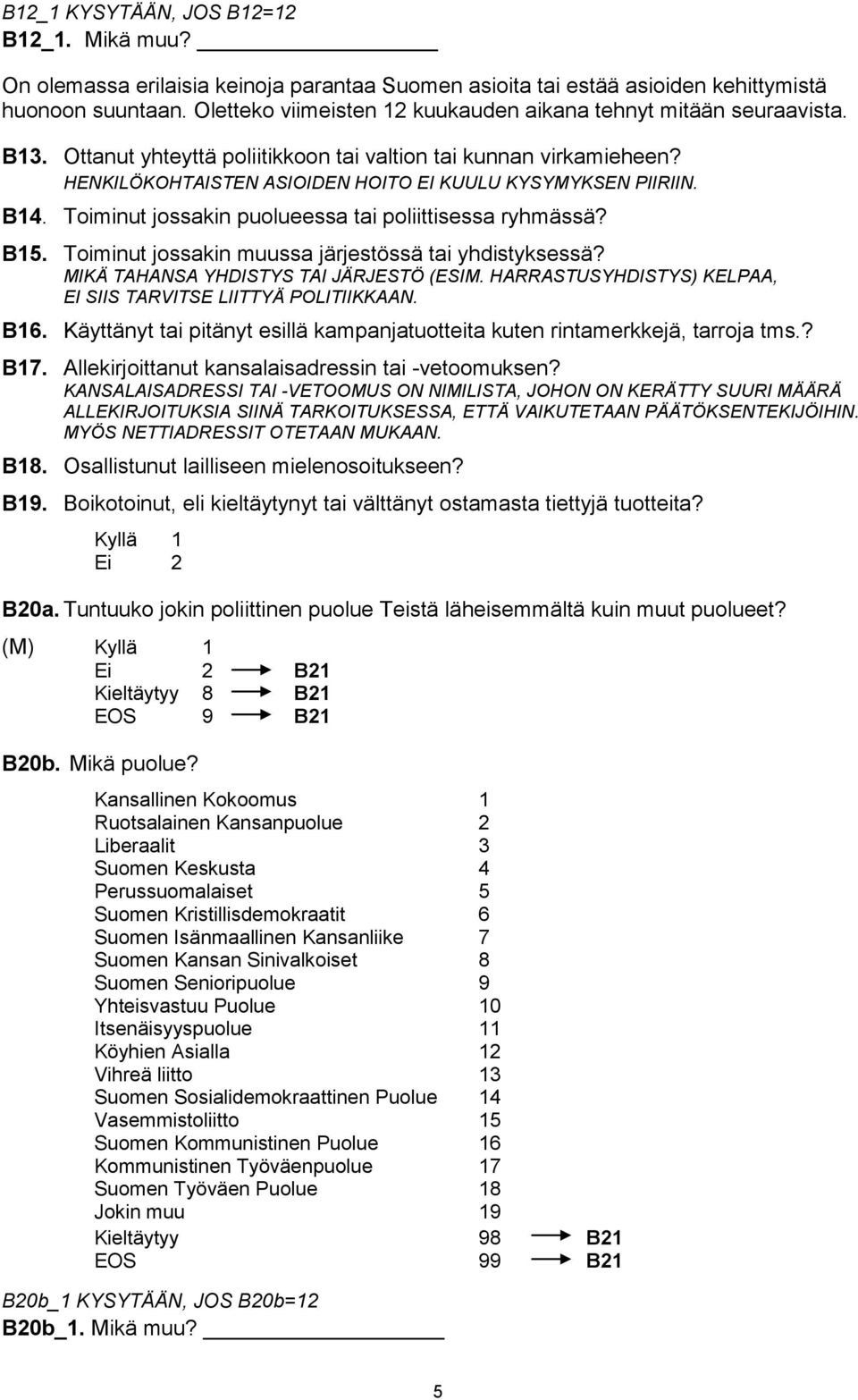 B14. Toiminut jossakin puolueessa tai poliittisessa ryhmässä? B15. Toiminut jossakin muussa järjestössä tai yhdistyksessä? MIKÄ TAHANSA YHDISTYS TAI JÄRJESTÖ (ESIM.