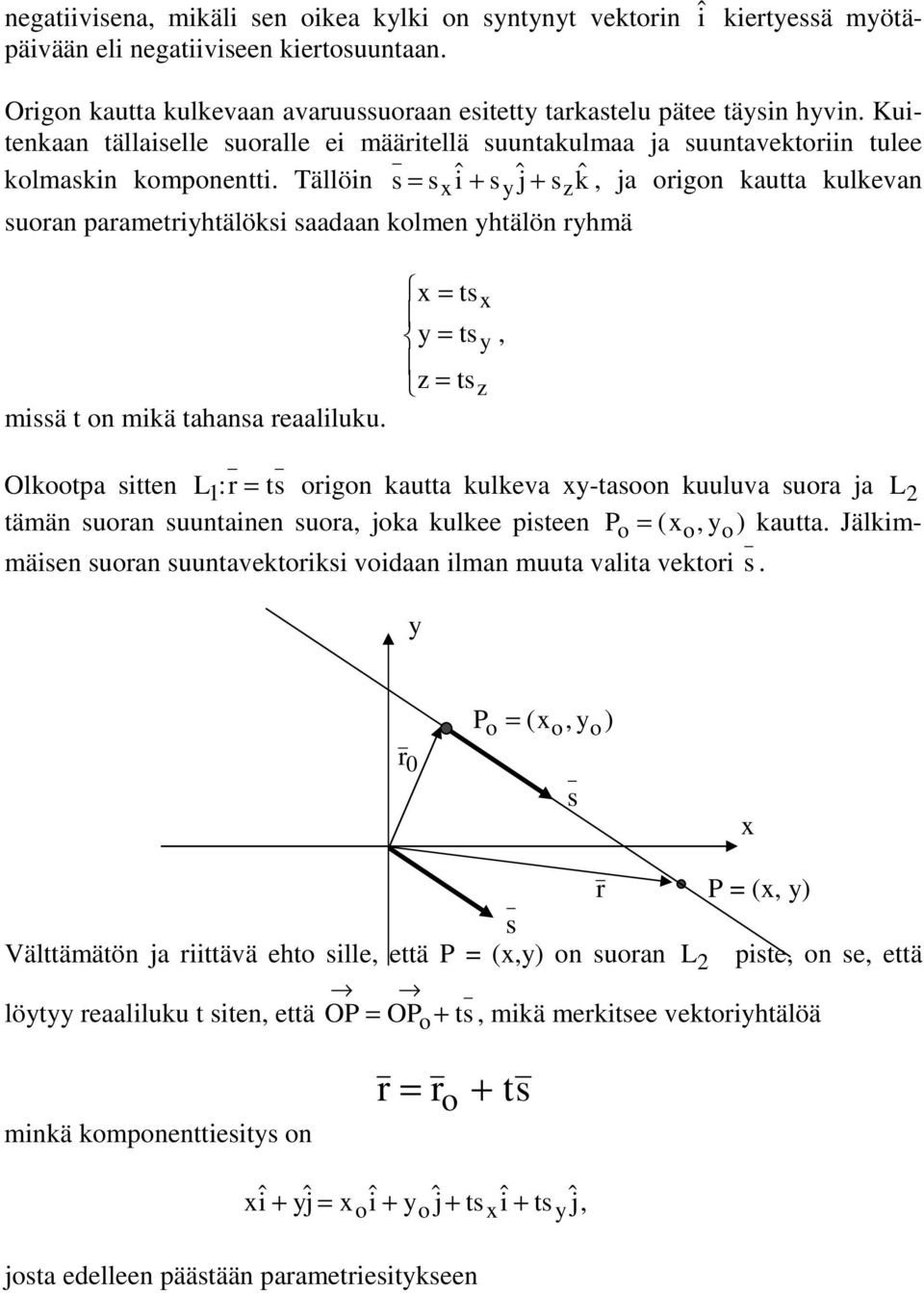 Tällöin = î + ĵ kˆ, ja rign kautta kulkevan + uran parametrihtälöki aadaan klmen htälön rhmä miä t n mikä tahana reaaliluku.