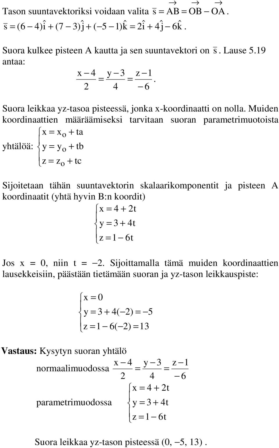 Muiden krdinaattien määräämieki tarvitaan uran parametrimutita = + ta htälöä: = + tb = + tc Sijitetaan tähän uuntavektrin kalaarikmpnentit ja piteen A krdinaatit (htä hvin B:n