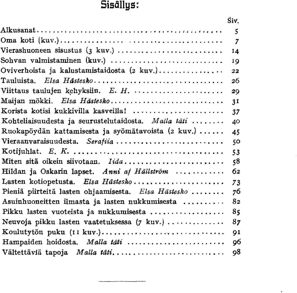 Malla täti 40 Ruokapöydän kattamisesta ja syömätavoista (2 kuv.) 45 Vieraanvaraisuudesta. Serafiia 50 Kotijuhlat. E. K 53 Miten sitä oikein siivotaan. Iida 58 Hildan ja Oskarin lapset.