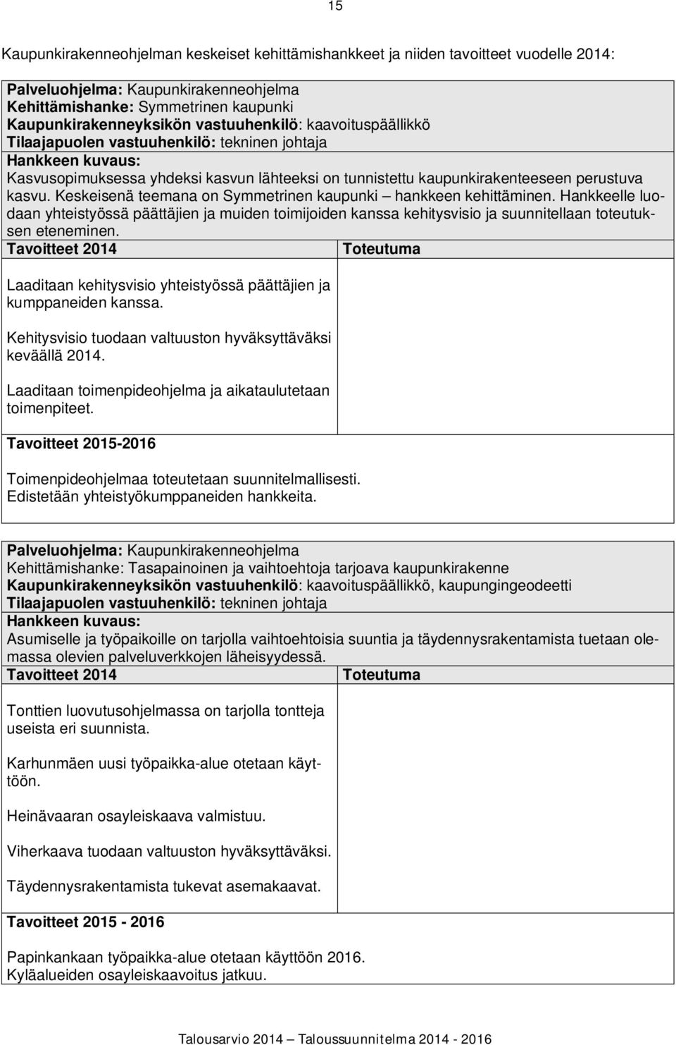 Keskeisenä teemana on Symmetrinen kaupunki hankkeen kehittäminen. Hankkeelle luodaan yhteistyössä päättäjien ja muiden toimijoiden kanssa kehitysvisio ja suunnitellaan toteutuksen eteneminen.