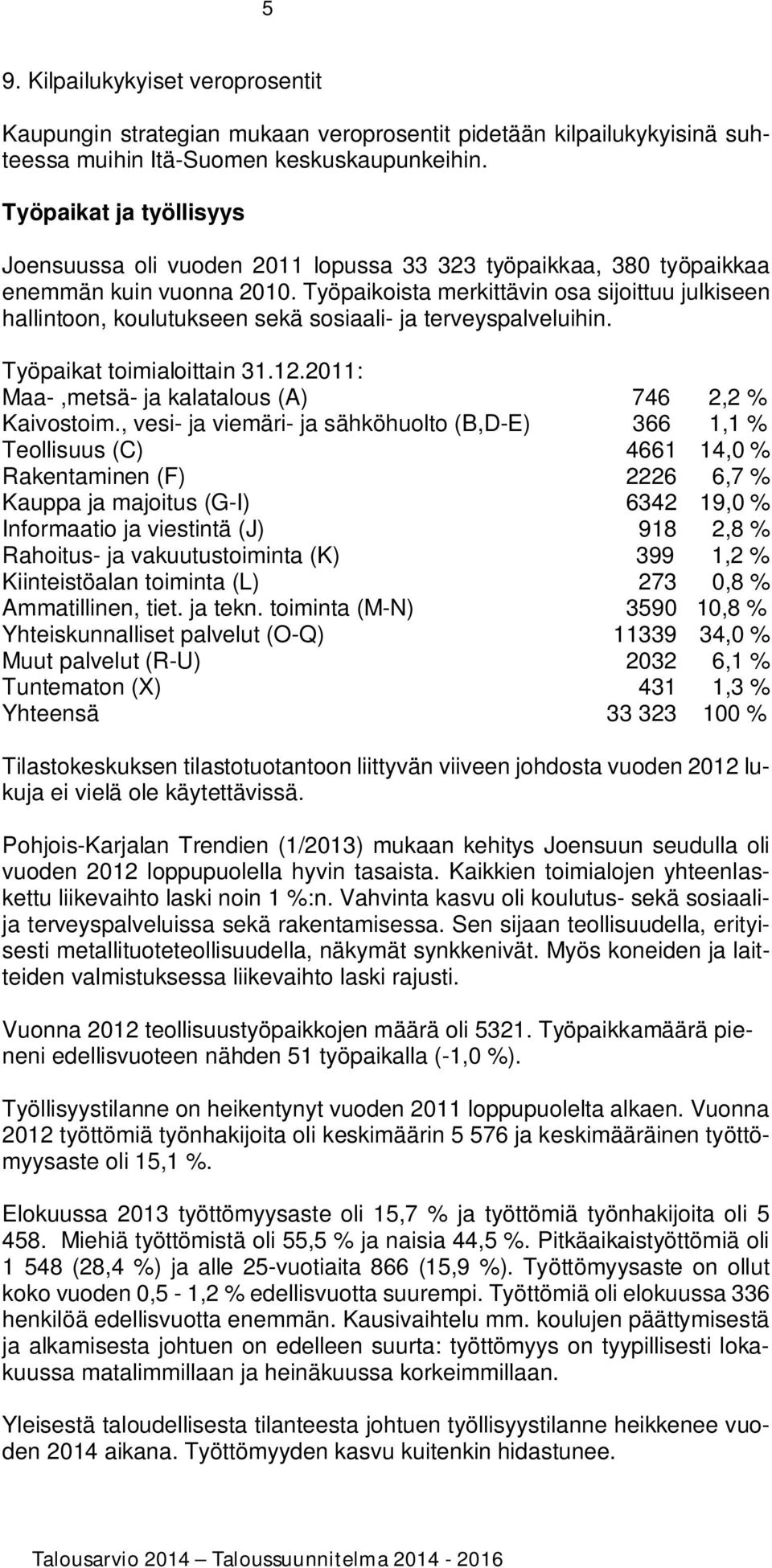 Työpaikoista merkittävin osa sijoittuu julkiseen hallintoon, koulutukseen sekä sosiaali- ja terveyspalveluihin. Työpaikat toimialoittain 31.12.2011: Maa-,metsä- ja kalatalous (A) 746 2,2 % Kaivostoim.