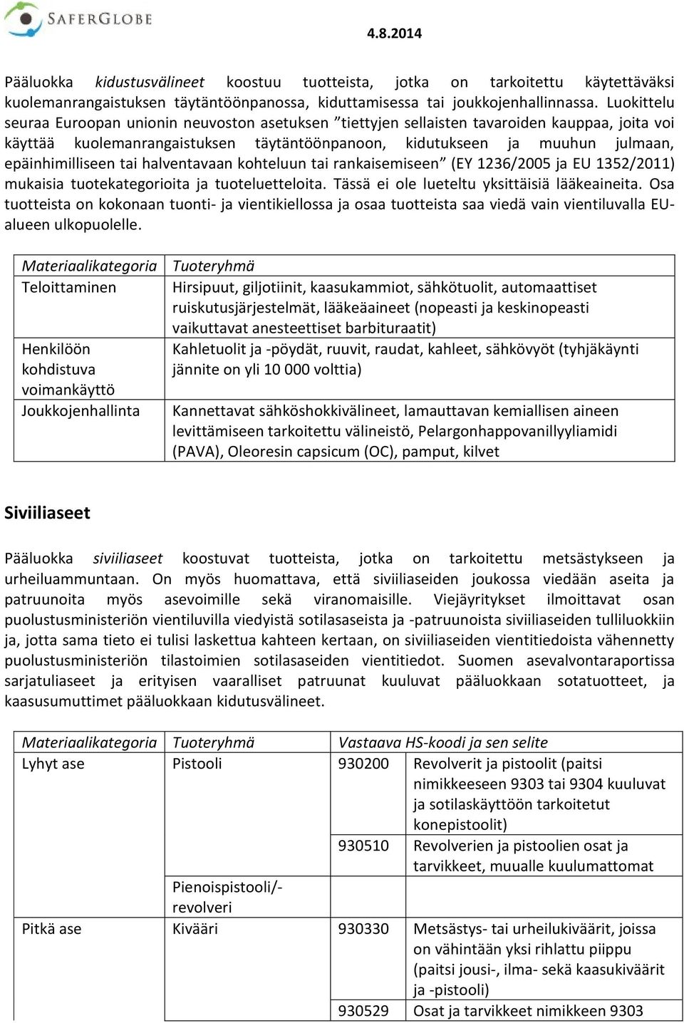 epäinhimilliseen tai halventavaan kohteluun tai rankaisemiseen (EY 1236/2005 ja EU 1352/2011) mukaisia tuotekategorioita ja tuoteluetteloita. Tässä ei ole lueteltu yksittäisiä lääkeaineita.