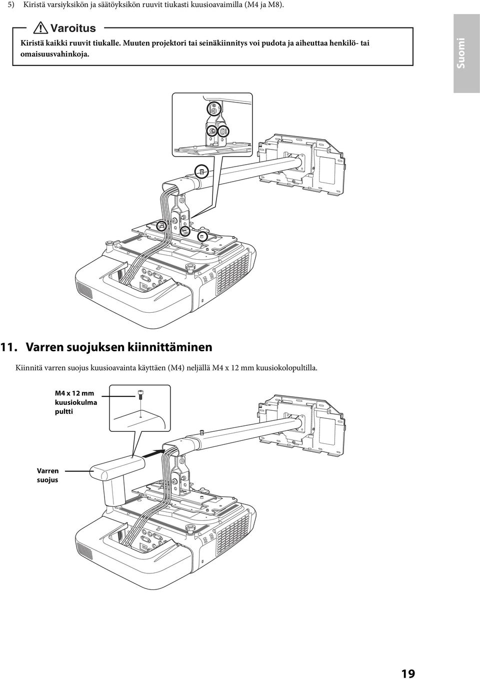 Muuten projektori tai seinäkiinnitys voi pudota ja aiheuttaa henkilö- tai omaisuusvahinkoja.