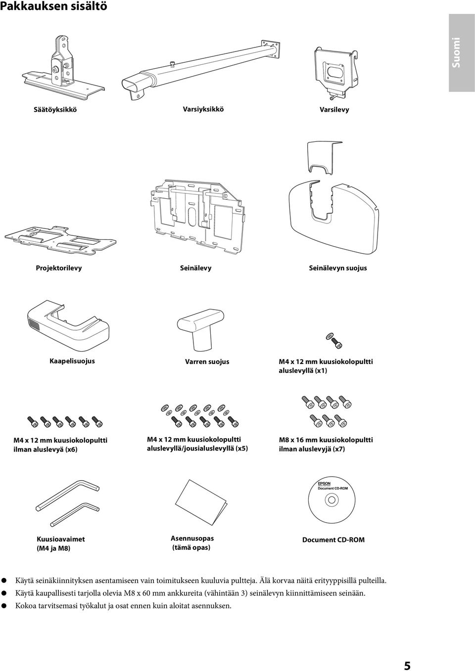 Kuusioavaimet (M4 ja M8) Asennusopas (tämä opas) Document CD-ROM Käytä seinäkiinnityksen asentamiseen vain toimitukseen kuuluvia pultteja.