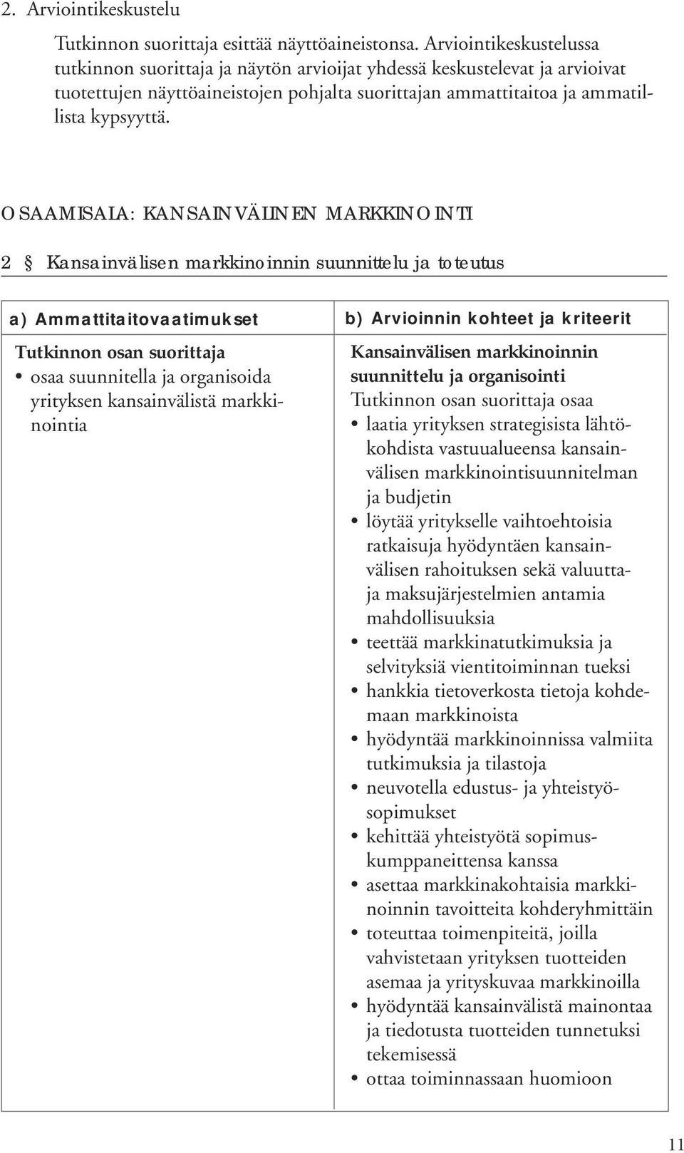 OSAAMISALA: KANSAINVÄLINEN MARKKINOINTI 2 Kansainvälisen markkinoinnin suunnittelu ja toteutus a) Ammattitaitovaatimukset Tutkinnon osan suorittaja osaa suunnitella ja organisoida yrityksen