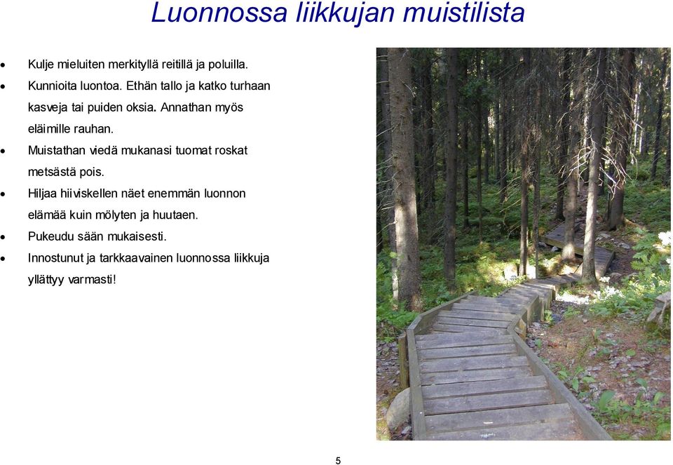 Muistathan viedä mukanasi tuomat roskat metsästä pois.