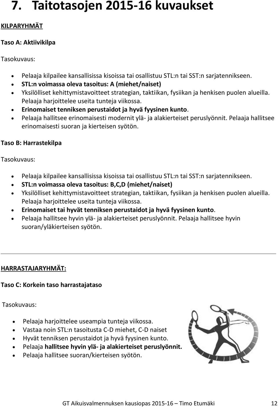 Erinomaiset tenniksen perustaidot ja hyvä fyysinen kunto. Pelaaja hallitsee erinomaisesti modernit ylä- ja alakierteiset peruslyönnit. Pelaaja hallitsee erinomaisesti suoran ja kierteisen syötön.