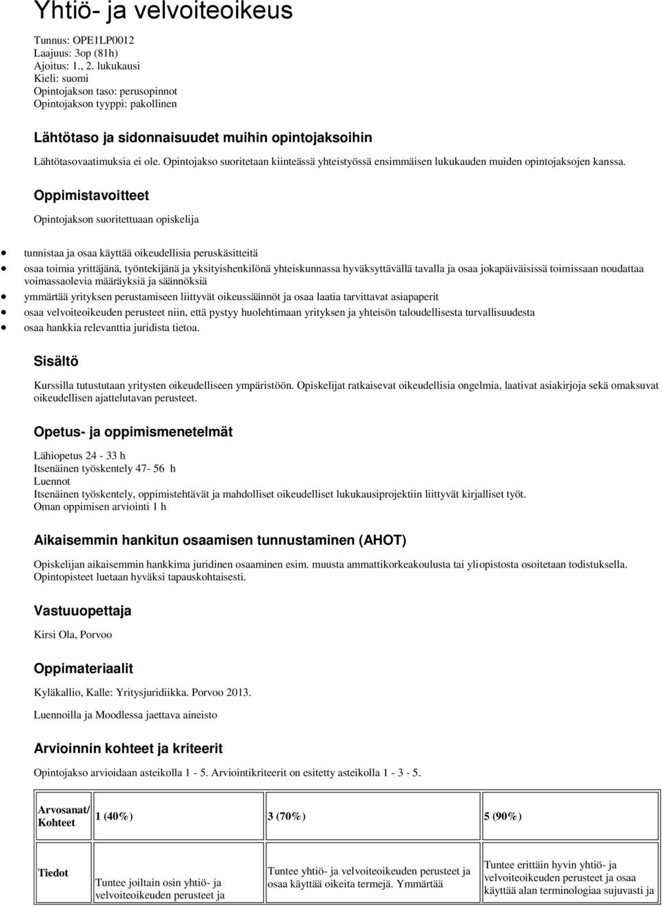 Opintojakso suoritetaan kiinteässä yhteistyössä ensimmäisen lukukauden muiden opintojaksojen kanssa.