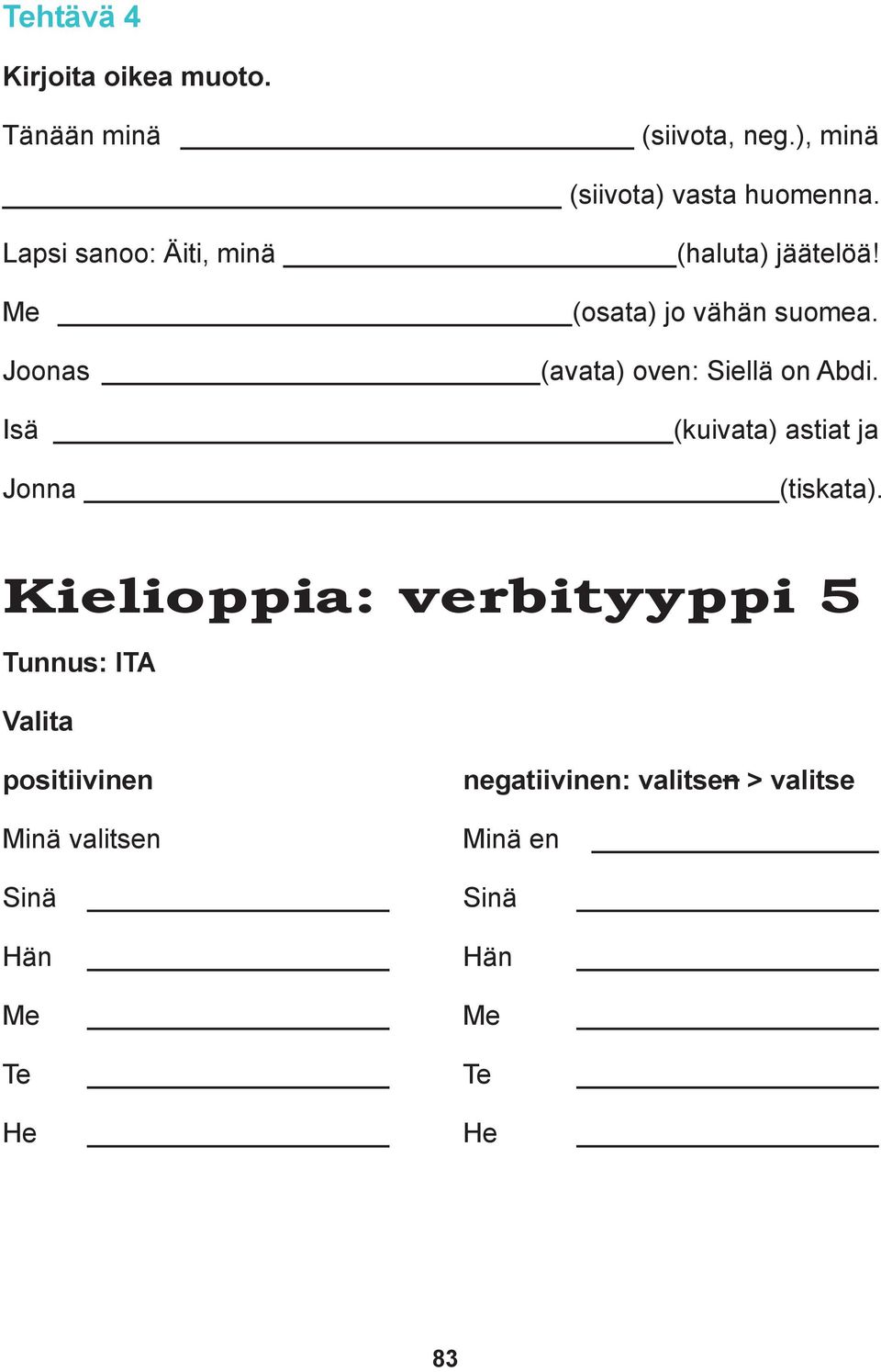 Joonas (avata) oven: Siellä on Abdi. Isä (kuivata) astiat ja Jonna (tiskata).