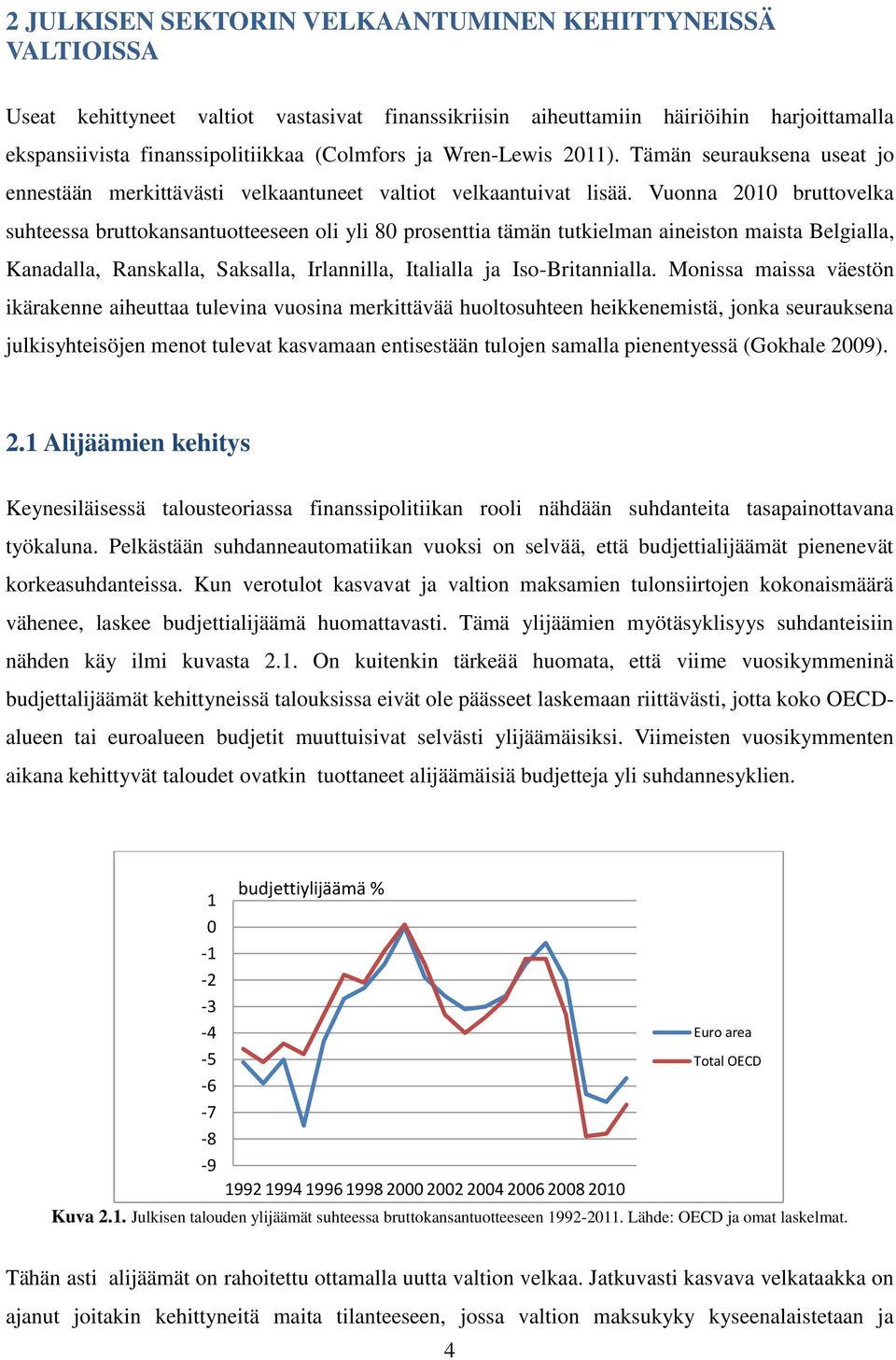 Vuonna 2010 bruttovelka suhteessa bruttokansantuotteeseen oli yli 80 prosenttia tämän tutkielman aineiston maista Belgialla, Kanadalla, Ranskalla, Saksalla, Irlannilla, Italialla ja Iso-Britannialla.