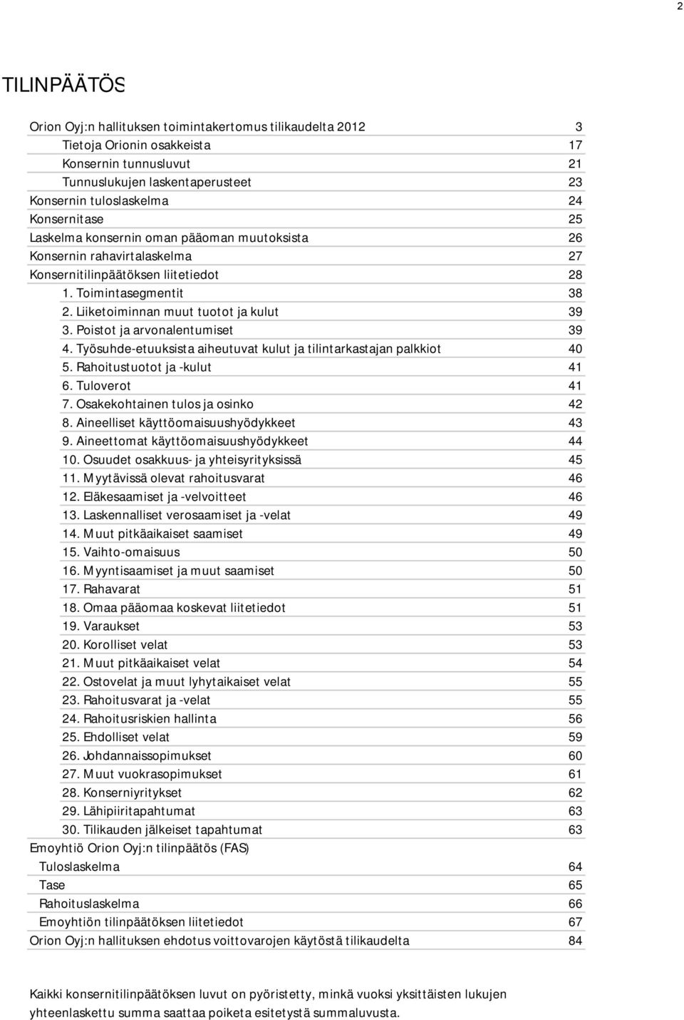 Poistot ja arvonalentumiset 39 4. Työsuhde-etuuksista aiheutuvat kulut ja tilintarkastajan palkkiot 40 5. Rahoitustuotot ja -kulut 41 6. Tuloverot 41 7. Osakekohtainen tulos ja osinko 42 8.