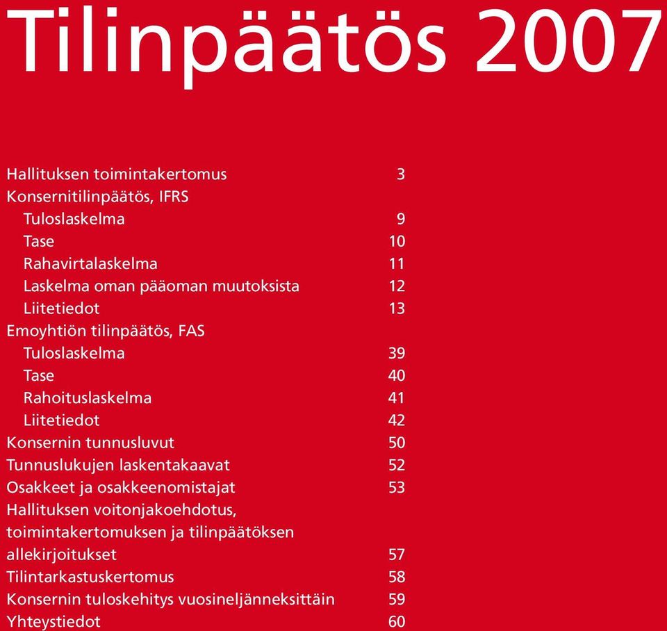 Konsernin tunnusluvut 50 Tunnuslukujen laskentakaavat 52 Osakkeet ja osakkeenomistajat 53 Hallituksen voitonjakoehdotus,