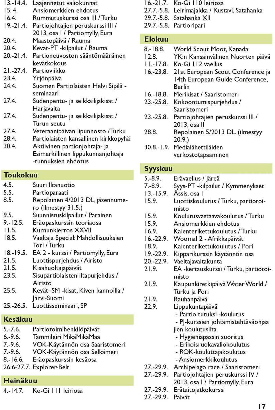 4. Sudenpentu- ja seikkailijakisat / Turun seutu 27.4. Veteraanipäivän lipunnosto /Turku 28.4. Partiolaisten kansallinen kirkkopyhä 3.4. Aktiivinen partionjohtaja- ja Esimerkillinen lippukunnanjohtaja -tunnuksien ehdotus Toukokuu 4.