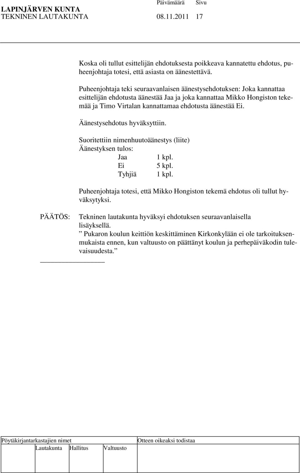 Äänestysehdotus hyväksyttiin. Suoritettiin nimenhuutoäänestys (liite) Äänestyksen tulos: Jaa 1 kpl. Ei 5 kpl. Tyhjiä 1 kpl.