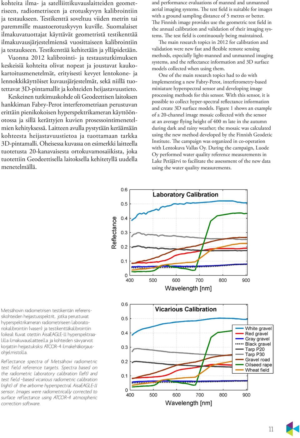 Vuonna 2012 kalibrointi- ja testaustutkimuksen keskeisiä kohteita olivat nopeat ja joustavat kaukokartoitusmenetelmät, erityisesti kevyet lentokone- ja lennokkikäyttöiset kuvausjärjestelmät, sekä