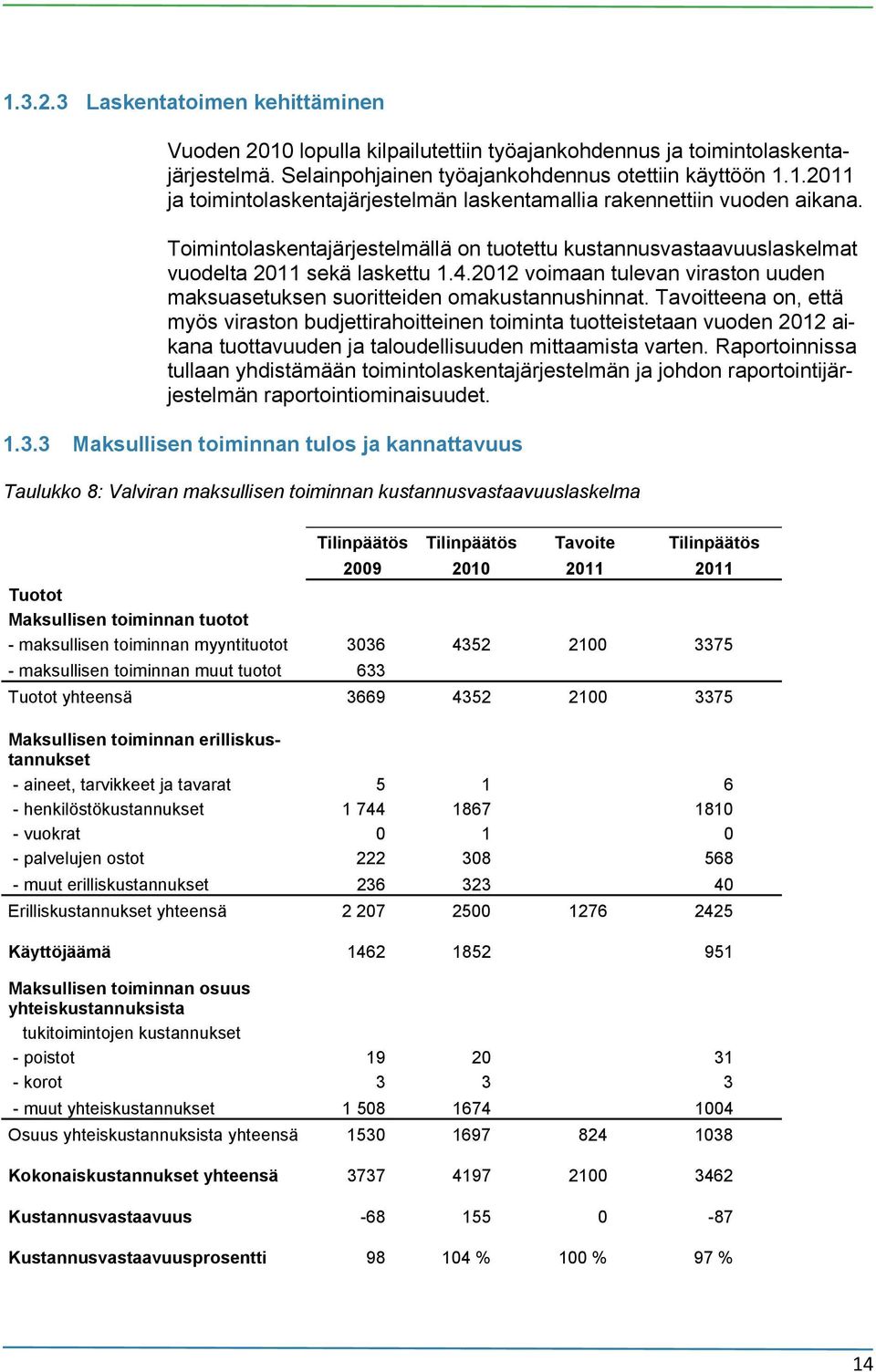 Tavoitteena on, että myös viraston budjettirahoitteinen toiminta tuotteistetaan vuoden 2012 aikana tuottavuuden ja taloudellisuuden mittaamista varten.