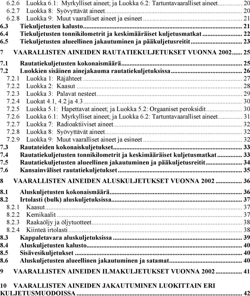 .. 23 7 VAARALLISTEN AINEIDEN RAUTATIEKULJETUKSET VUONNA 2002... 25 7.1 Rautatiekuljetusten kokonaismäärä... 25 7.2 Luokkien sisäinen ainejakauma rautatiekuljetuksissa... 26 7.2.1 Luokka 1: Räjähteet.