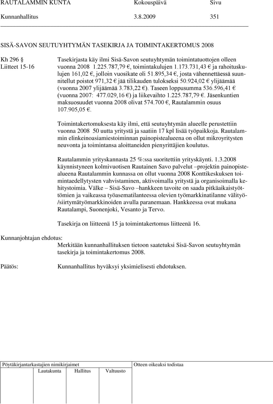 924,02 ylijäämää (vuonna 2007 ylijäämää 3.783,22 ). Taseen loppusumma 536.596,41 (vuonna 2007: 477.029,16 ) ja liikevaihto 1.225.787,79. Jäsenkuntien maksuosuudet vuonna 2008 olivat 574.