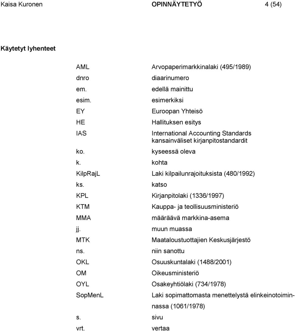 oleva KilpRajL Laki kilpailunrajoituksista (480/992) ks. katso KPL Kirjanpitolaki (336/997) KTM MMA jj. MTK ns.