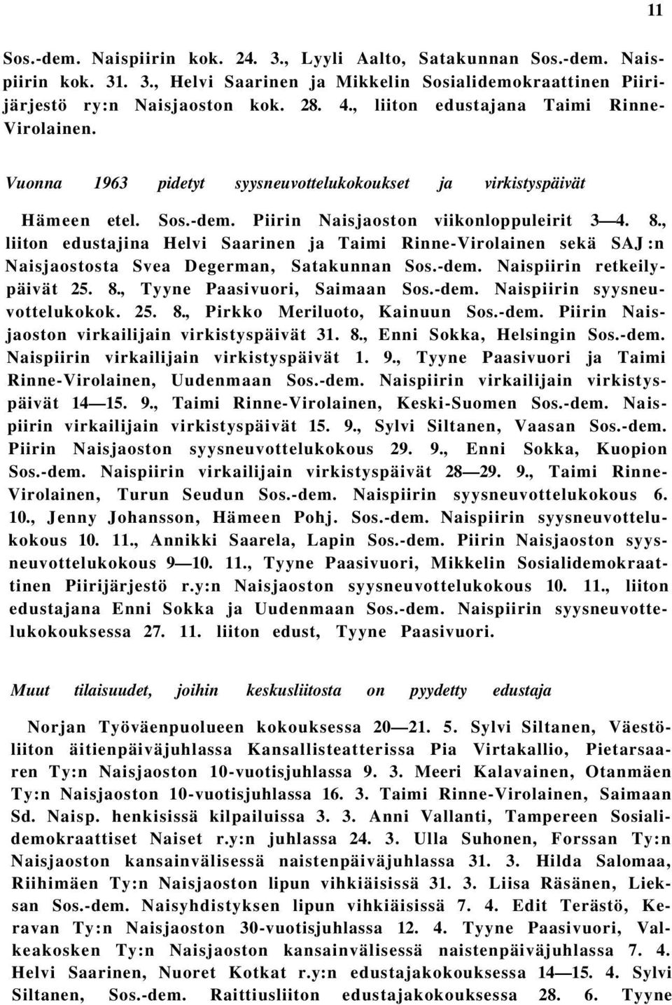 , liiton edustajina Helvi Saarinen ja Taimi Rinne-Virolainen sekä SAJ :n Naisjaostosta Svea Degerman, Satakunnan Sos.-dem. Naispiirin retkeilypäivät 25. 8., Tyyne Paasivuori, Saimaan Sos.-dem. Naispiirin syysneuvottelukokok.