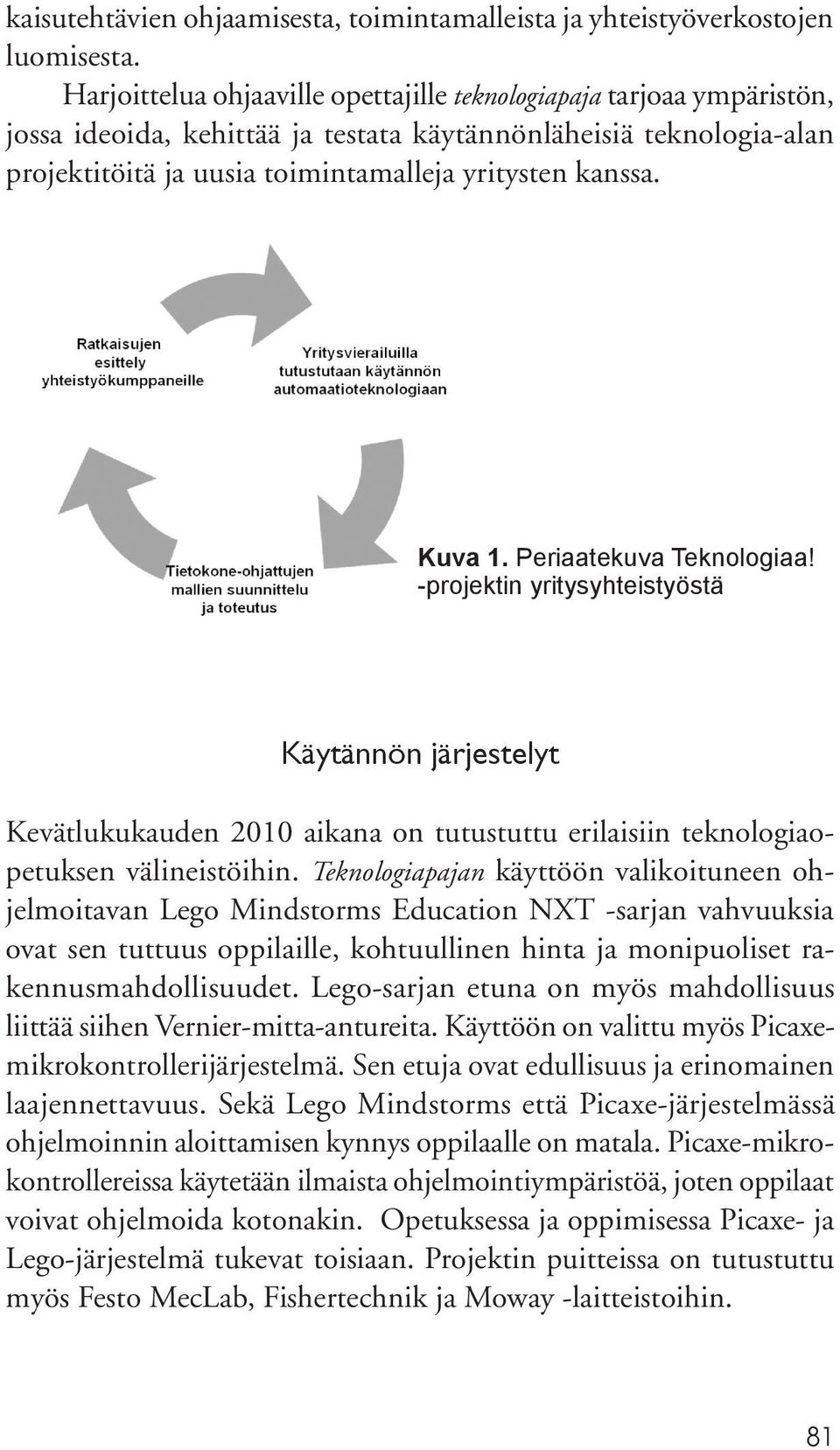 Kuva 1. Periaatekuva Teknologiaa! -projektin yritysyhteistyöstä Käytännön järjestelyt Kevätlukukauden 2010 aikana on tutustuttu erilaisiin teknologiaopetuksen välineistöihin.